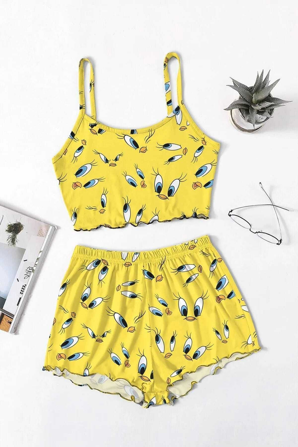 MODA Askılı Şort Pijama Takımı Tweety1 Supersoft Yazlık Crop