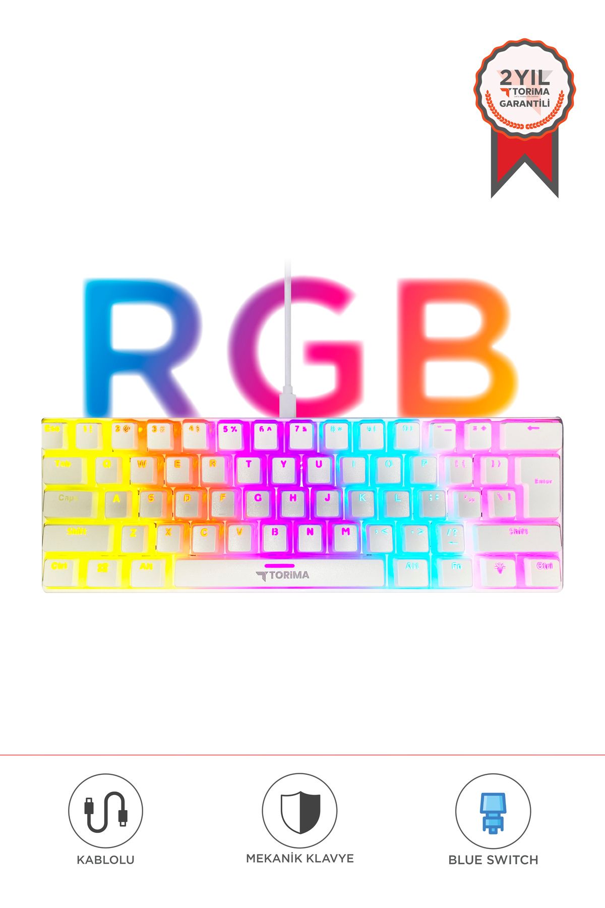 Torima Tk-04 Beyaz Mekanik Blue Switch Rgb Işıklı Kablolu Q Klavye