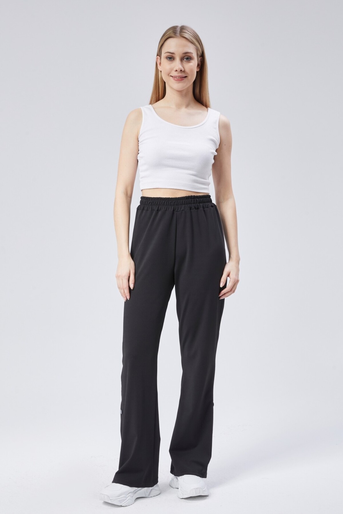 Grenj Fashion  Siyah Yüksek Bel Paçası Çıtçıtlı Bol Paça Eşofman Altı - Görsel 3