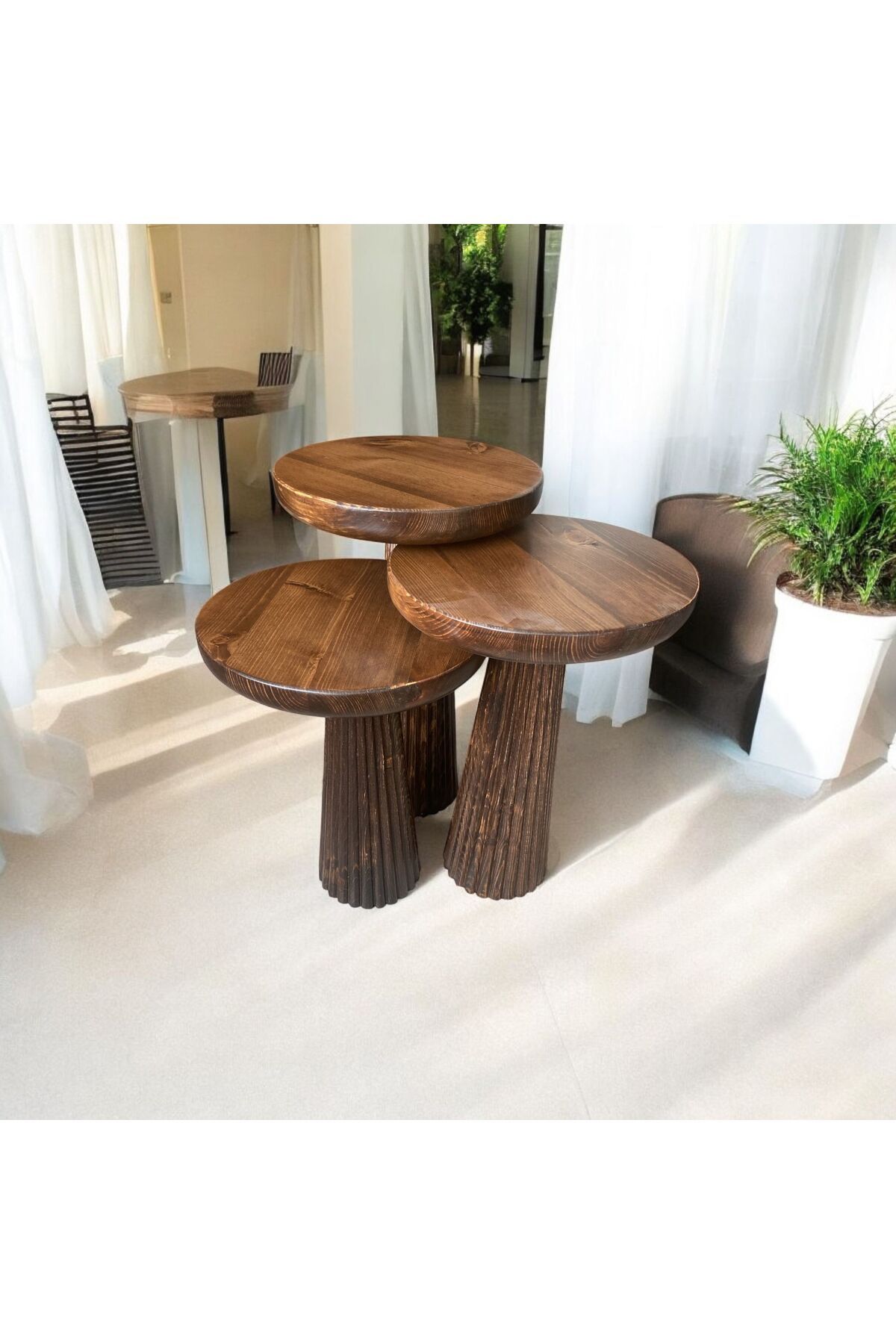 Simillo Home&Living Wood Wooden Ahşap 3’lü Set Fitilli Mantar Yan Sehpa Modern Ceviz Renk Fiskos