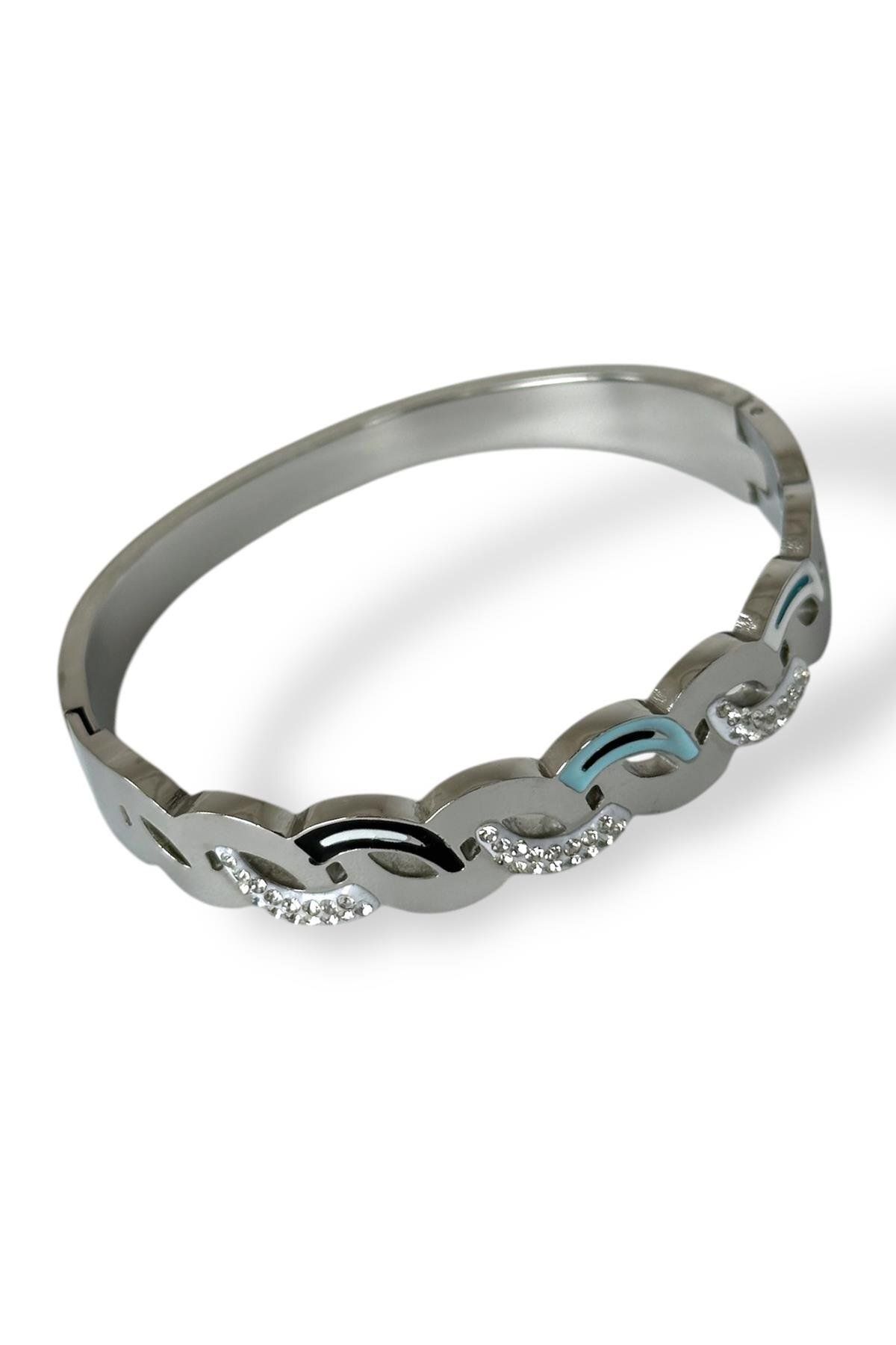 TAKIŞTIR-Silver Color Stone Detailed Steel Cuff Bracelet 1