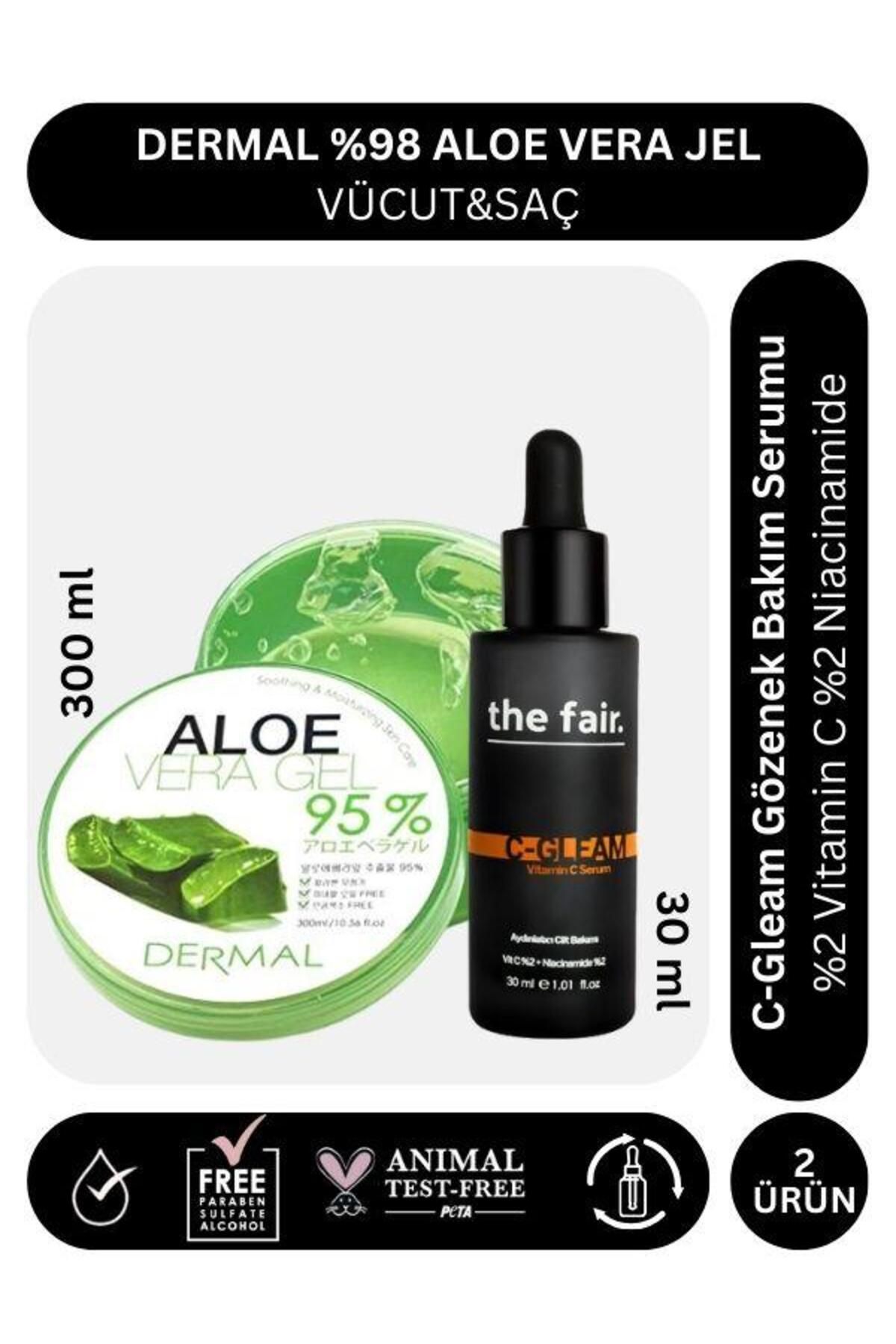 Dermal %98 Aloe Vera Jel Saç Cilt Vücut için Nemlendirici 300 ml ve the fair. C Gleam 30 ml Serum