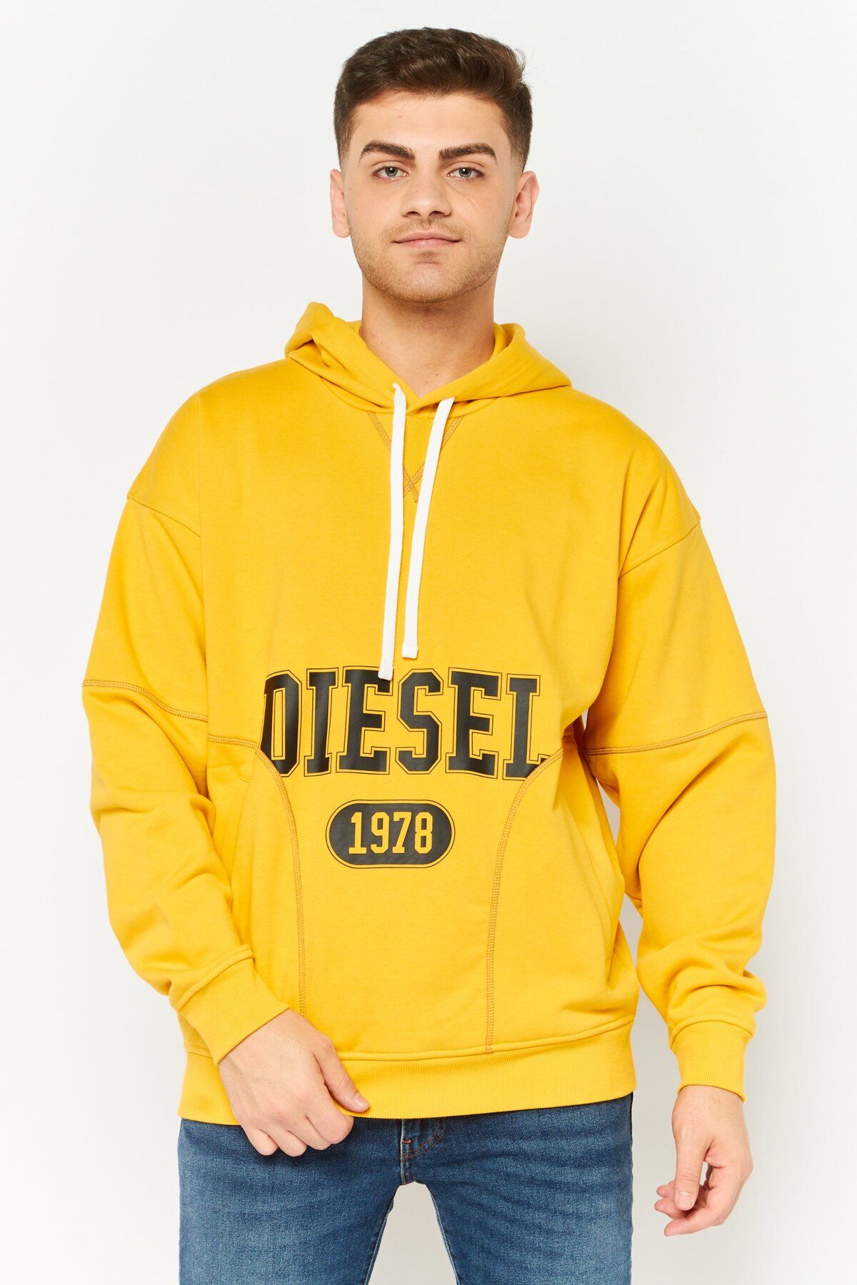 Diesel-Men Hooded Brand Logo Long Sleeves Sweatshirt, Yellow 1