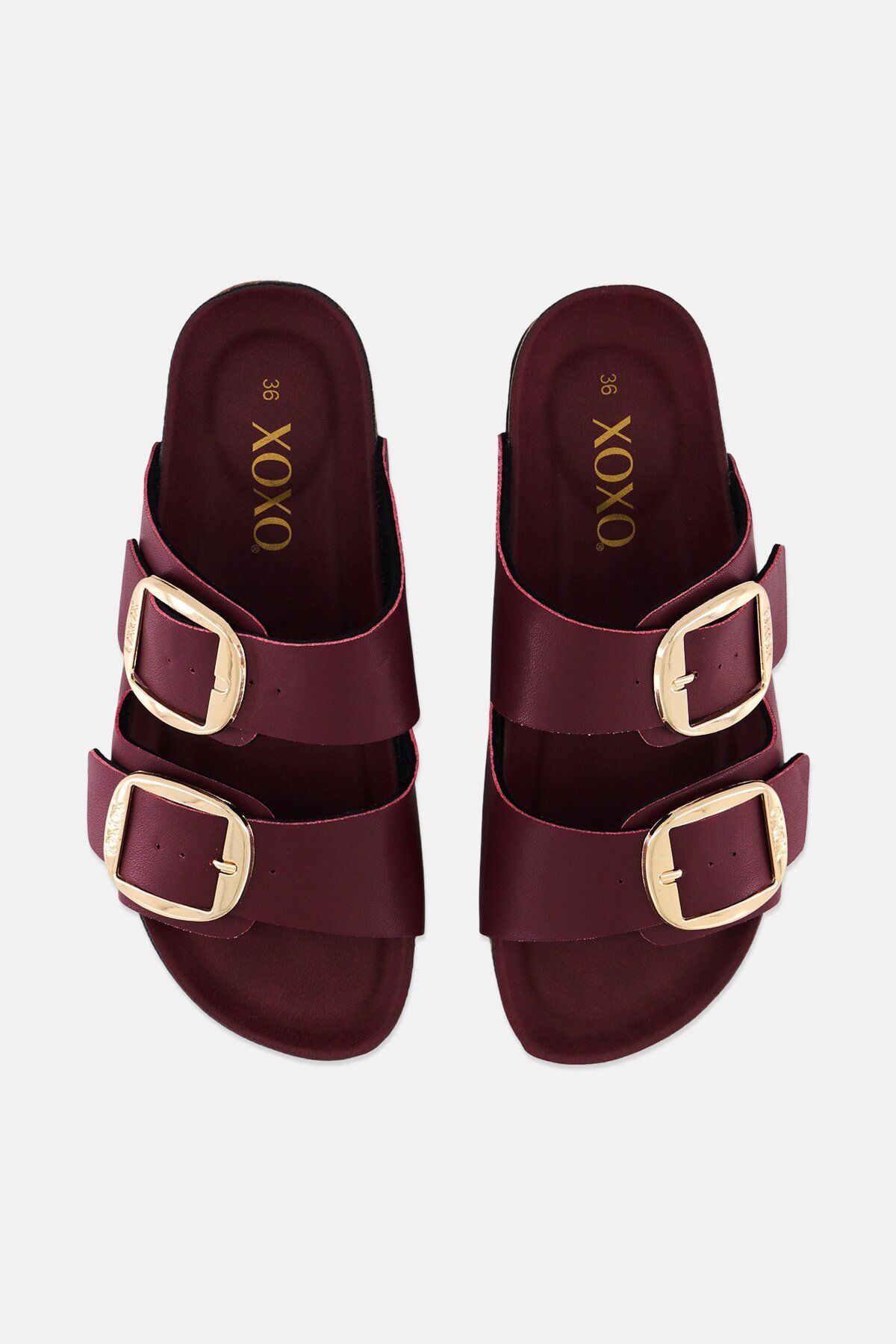 XOXO-Women Big Buckle Slip On Slide Slipper, Maroon 3