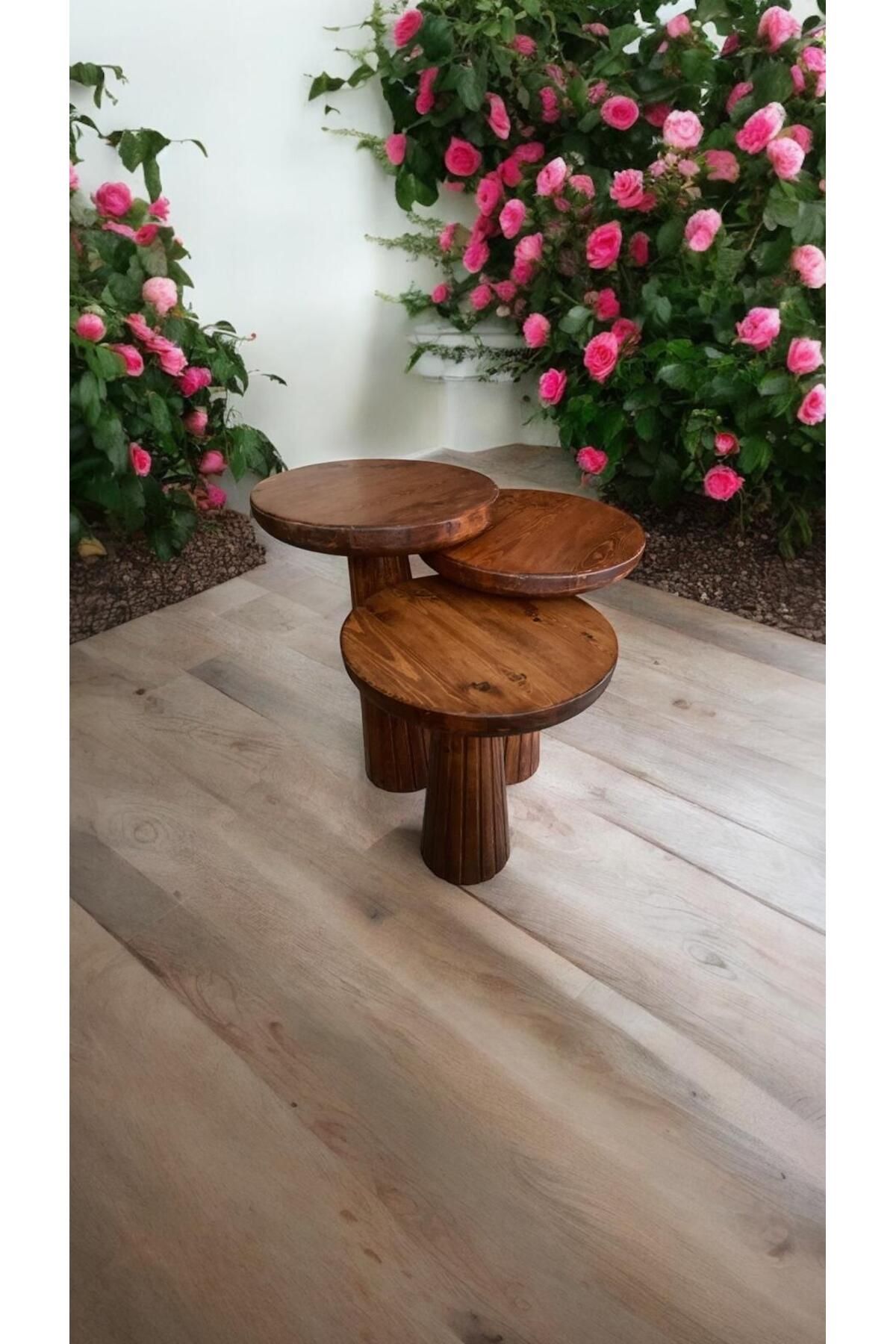 Simillo Home&Living Wood Wooden Ahşap 3’lü Set Fitilli Mantar Yan Sehpa Modern Meşe Renk Fiskos