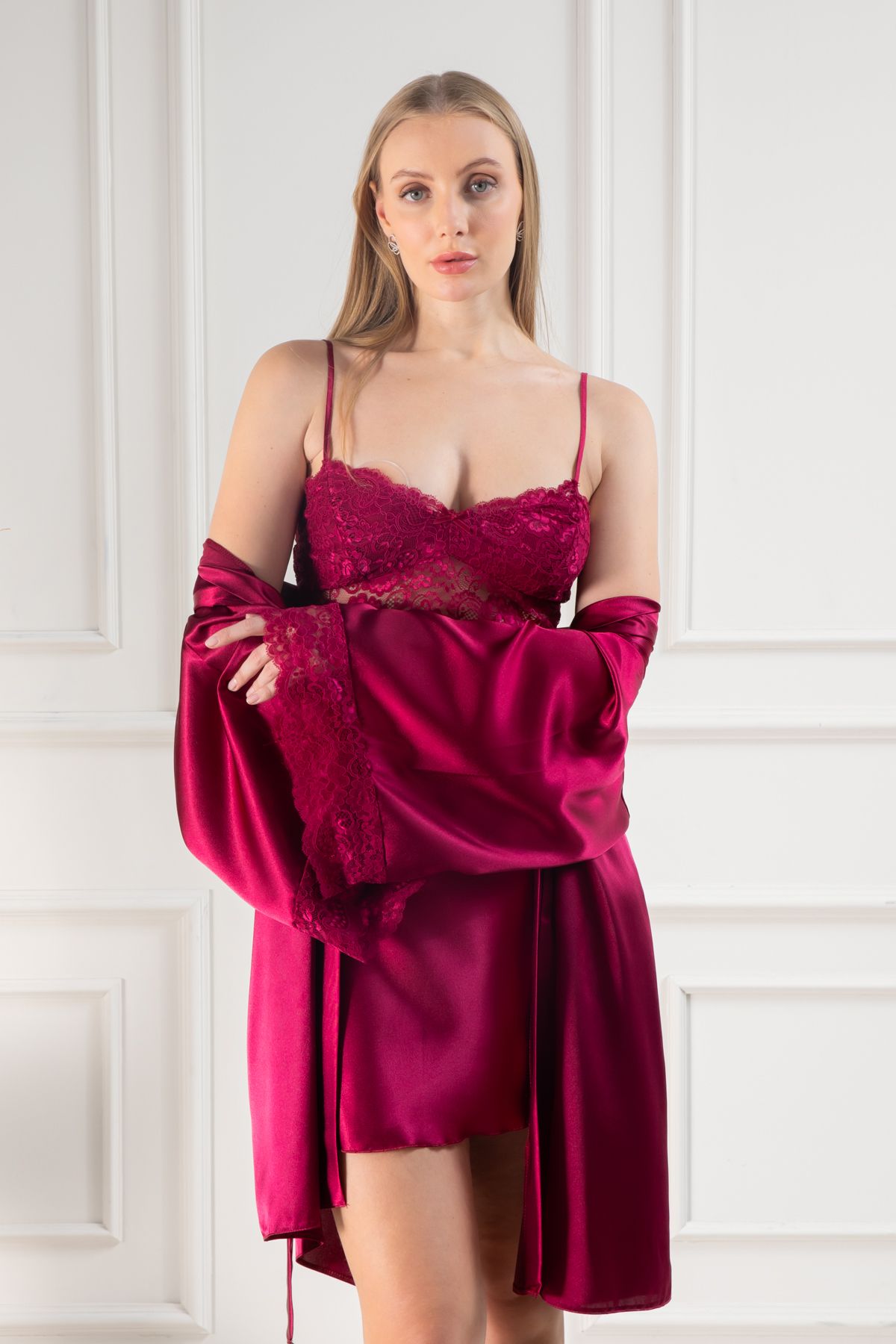 Lunoche Nightwear Kadın Güpür Dantel Detaylı Saten Çeyizlik İkili Gecelik Sabahlık Takımı