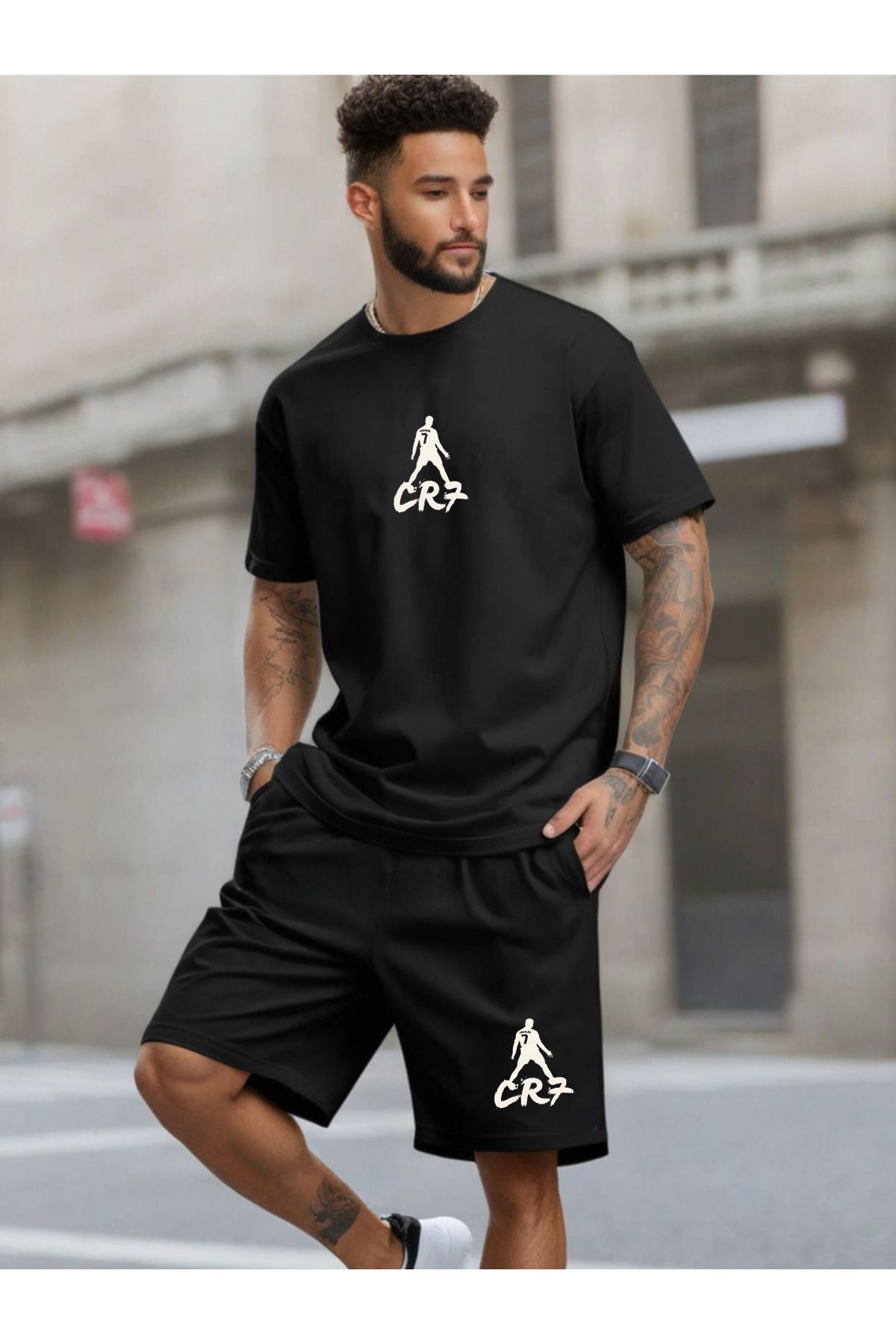 DEEPSENCE-Black Men's Shorts and T-Shirt Set - Cr7 Design Printed Set of 2 3