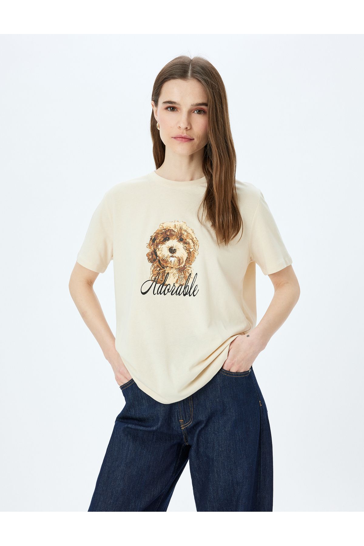 Koton Yeni Sezon Köpek Baskılı Kısa Kollu Bisiklet Yaka Tişört