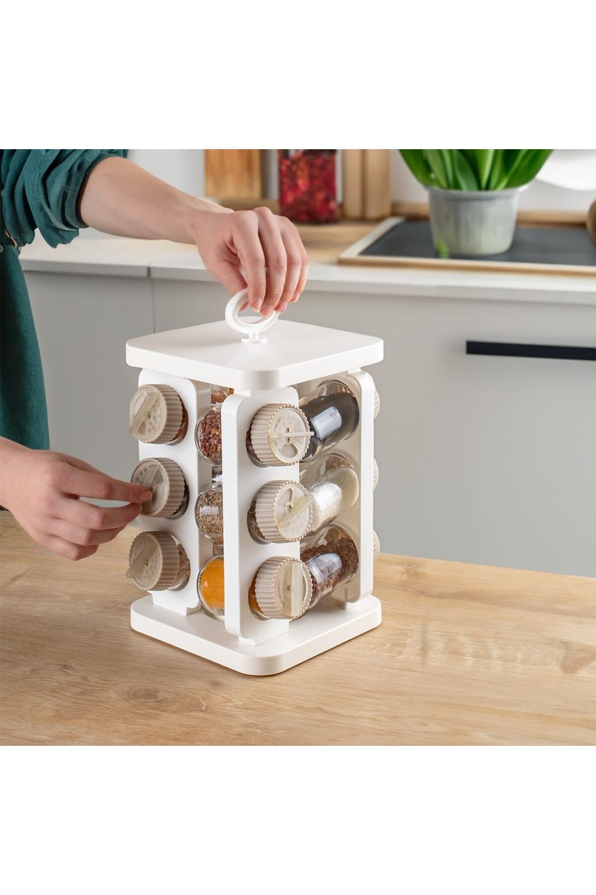 STOREMAX mrttnca 1082 Kare Prizma Döner Standlı Döner Kapaklı 12'li Cam Baharatlık-Düzenleyici Organize