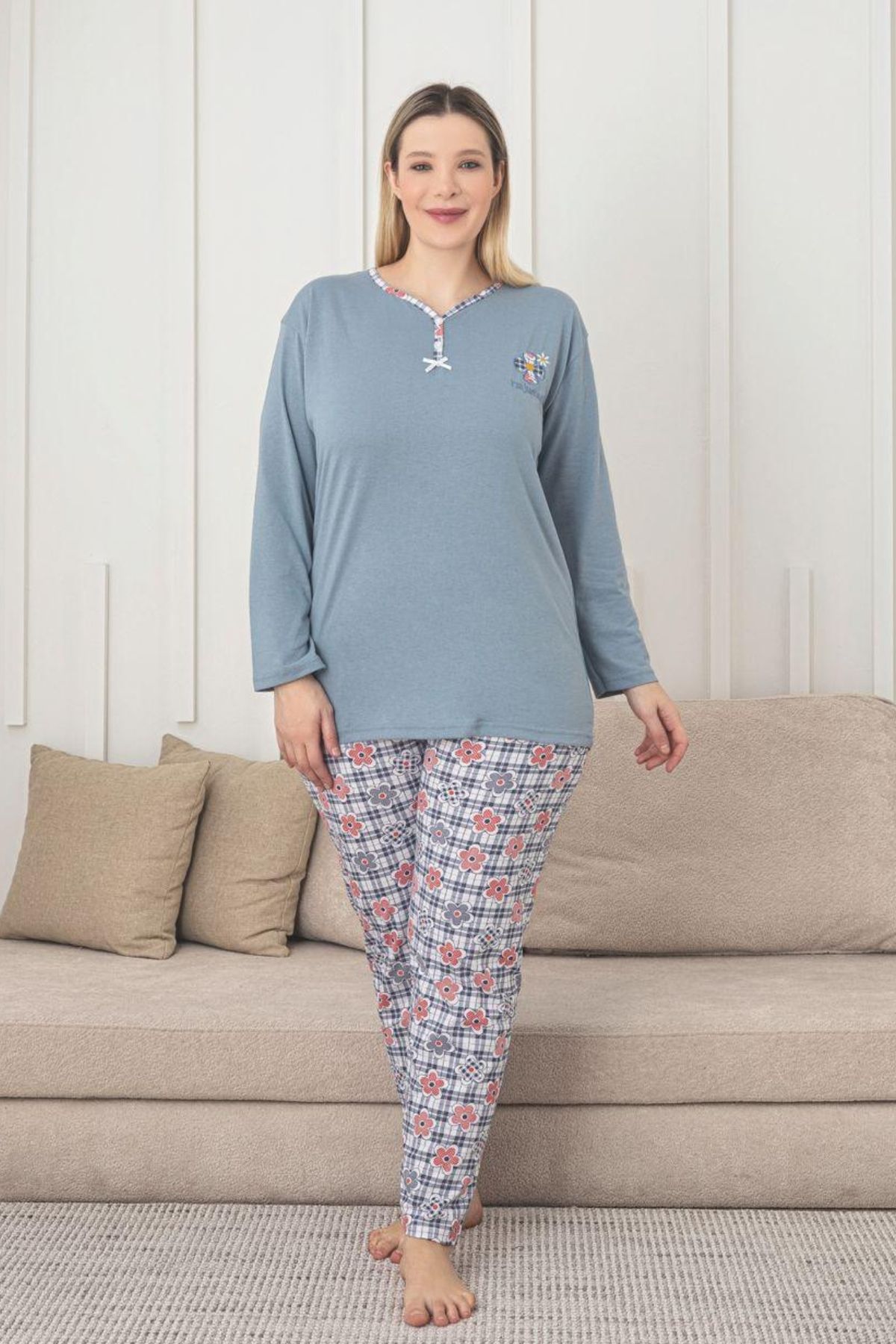 Farya Home-X-Dreamy Plus Size Cotton Print Long Sleeve Pajamas Set 1