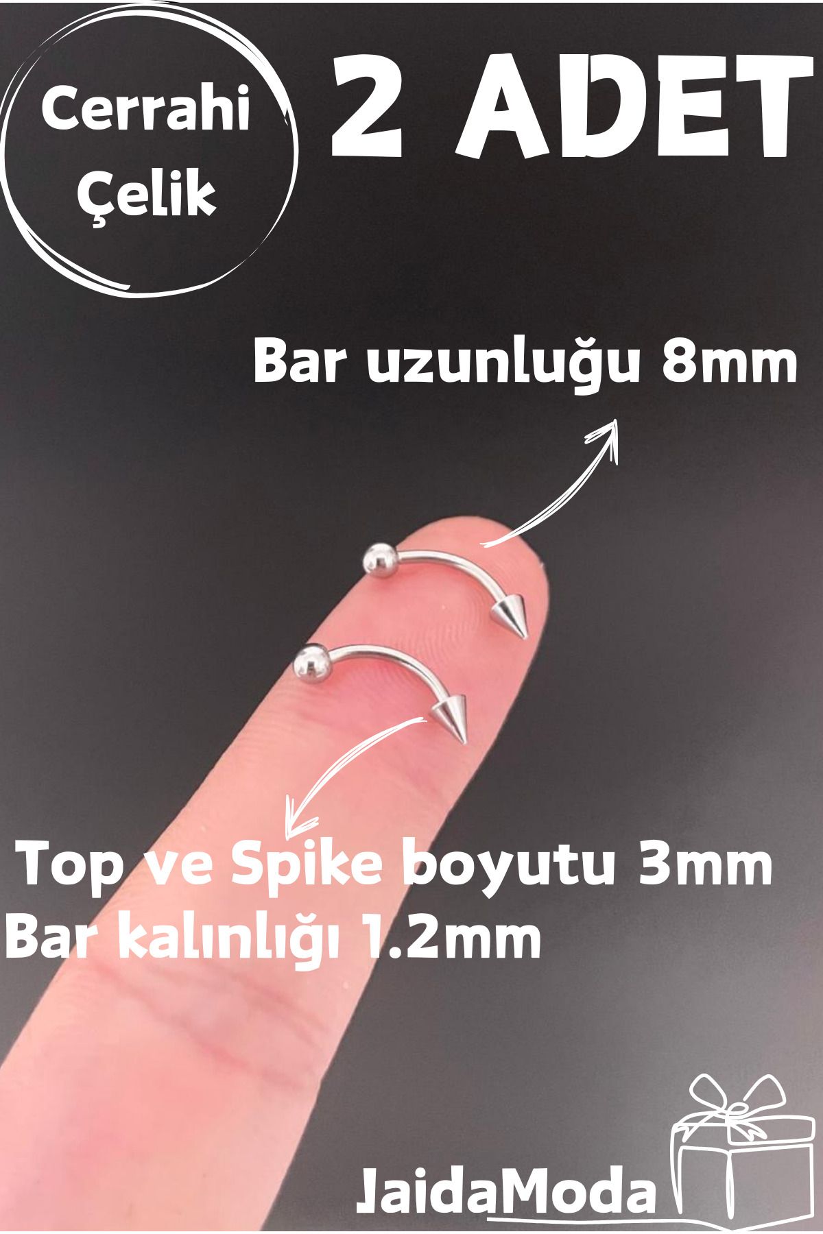 Jaida Moda Gri Top ve Spike Uçlu Kaş, Rook, Conch, Daith Çelik Piercing 2 Adet