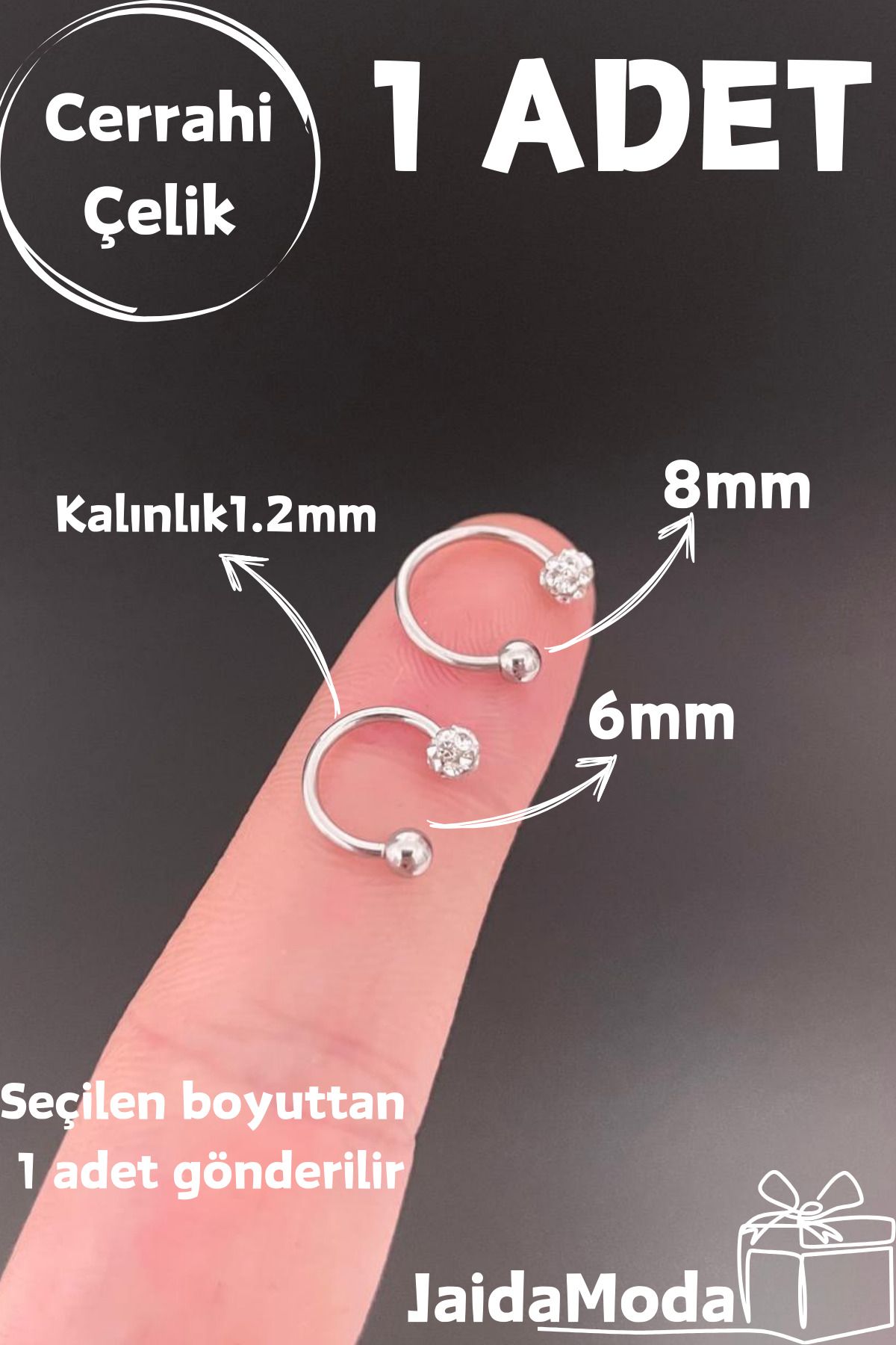 Jaida Moda Gümüş Top ve Kristal Taşlı Septum Tragus Helix Çelik Piercing