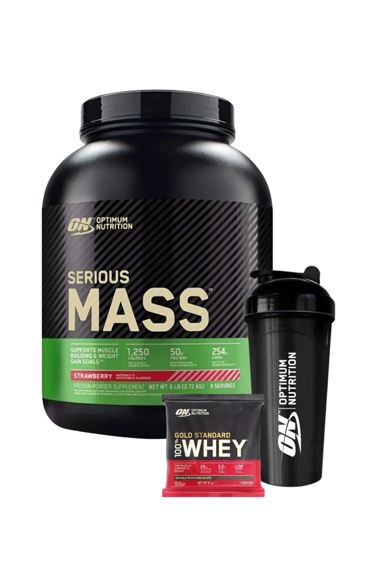 Optimum Nutrition Serious Mass Çilek Aromalı 2.73kg 8 Servis Yüksek Kalori Desteği - Optimum Shaker - 100% Whey Gold S