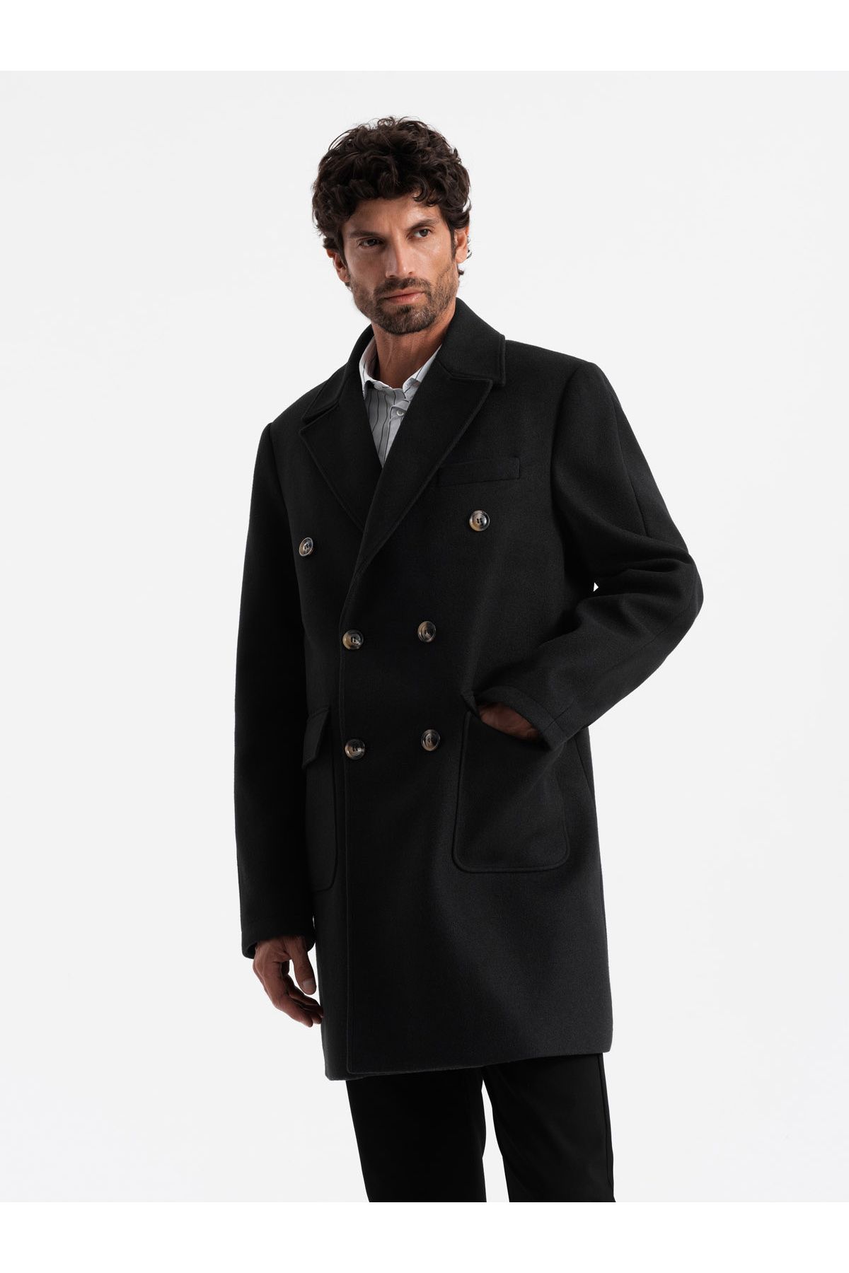 OMBRE-Zweireihiger Herrenmantel mit Zierknöpfen - schwarz V2 OM-COWC-0109 S 3