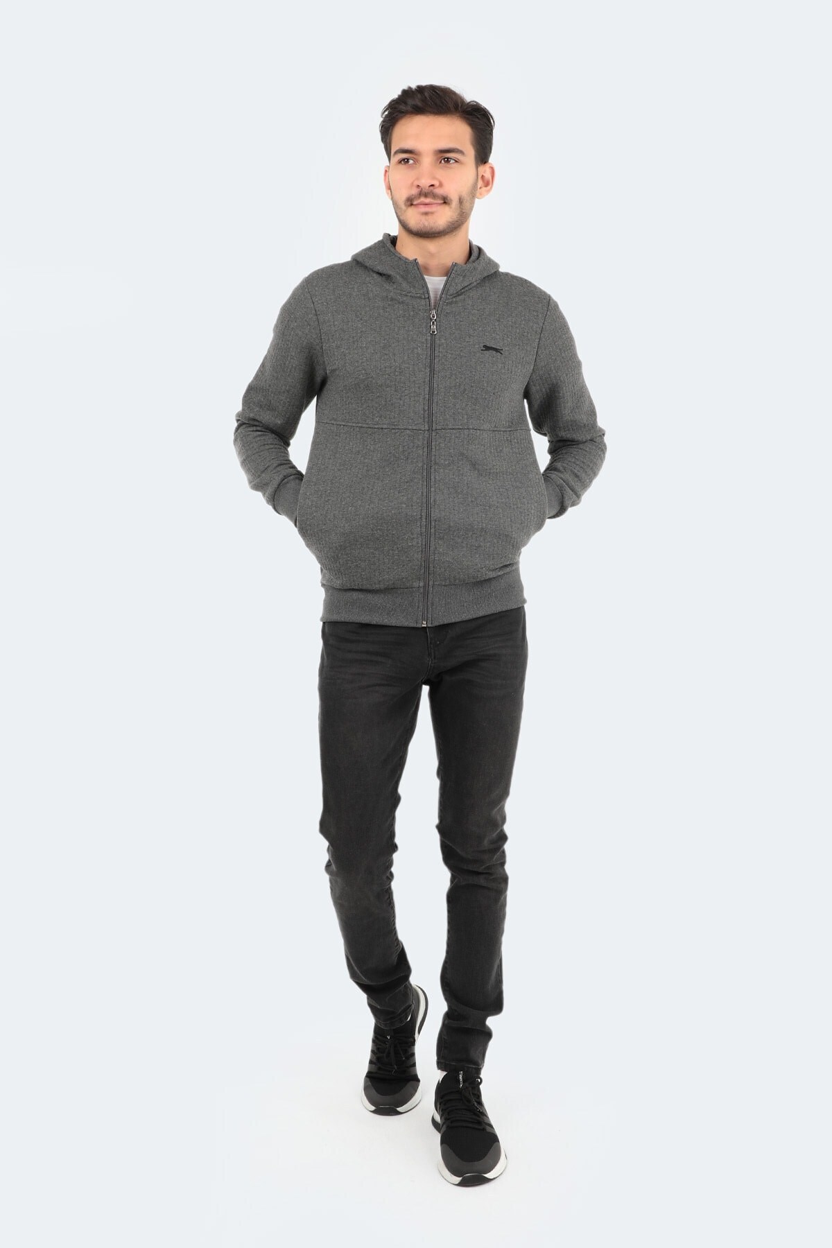 Kapşonlu Fermuarlı Cep Detaylı Erkek Sweatshirt Antrasit