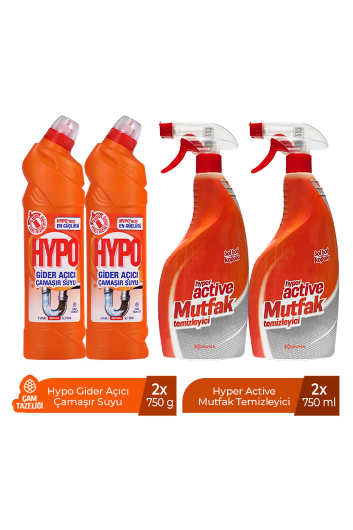 Hypo GİDER AÇICI ÇAMAŞIR SUYU ÇAM TAZELİĞİ 750 GR x 2 + HYPER ACTİVE MUTFAK TEMİZLEYİCİ 750 ML X 2