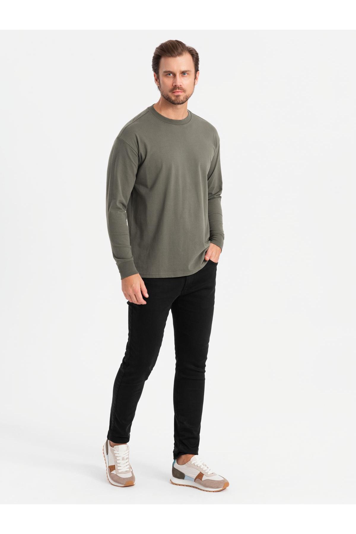 OMBRE-Tricou cu mânecă lungă LOOSE FIT pentru bărbați din bumbac cu decolteu rotund - gri-verde V3 OM-LSBC-0129 M 4