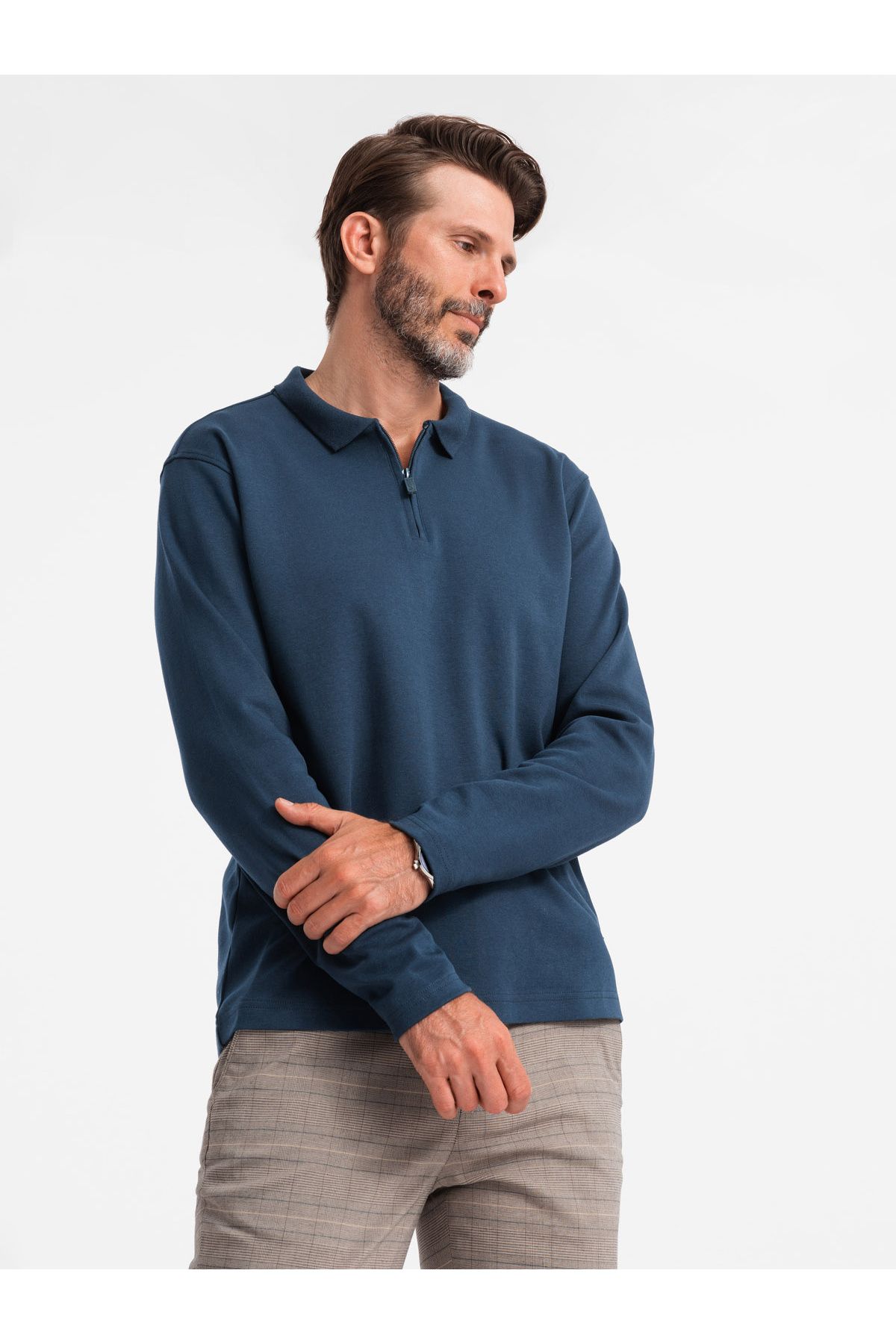 OMBRE-Pánské polodlouhý rukáv s límcem na zip - krémová V3 OM-POLS-0130 L 4