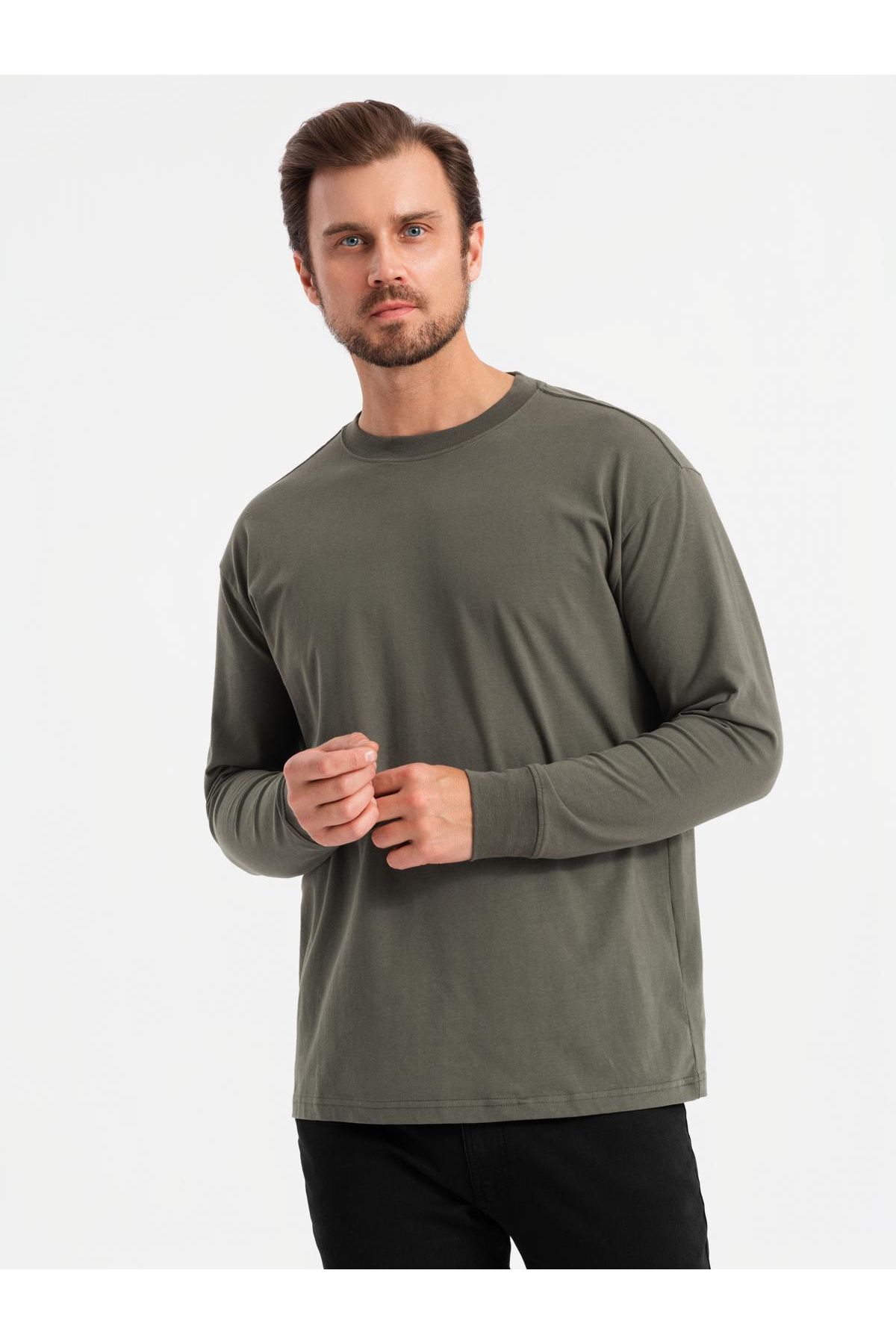 OMBRE-Tricou cu mânecă lungă LOOSE FIT pentru bărbați din bumbac cu decolteu rotund - gri-verde V3 OM-LSBC-0129 M 1