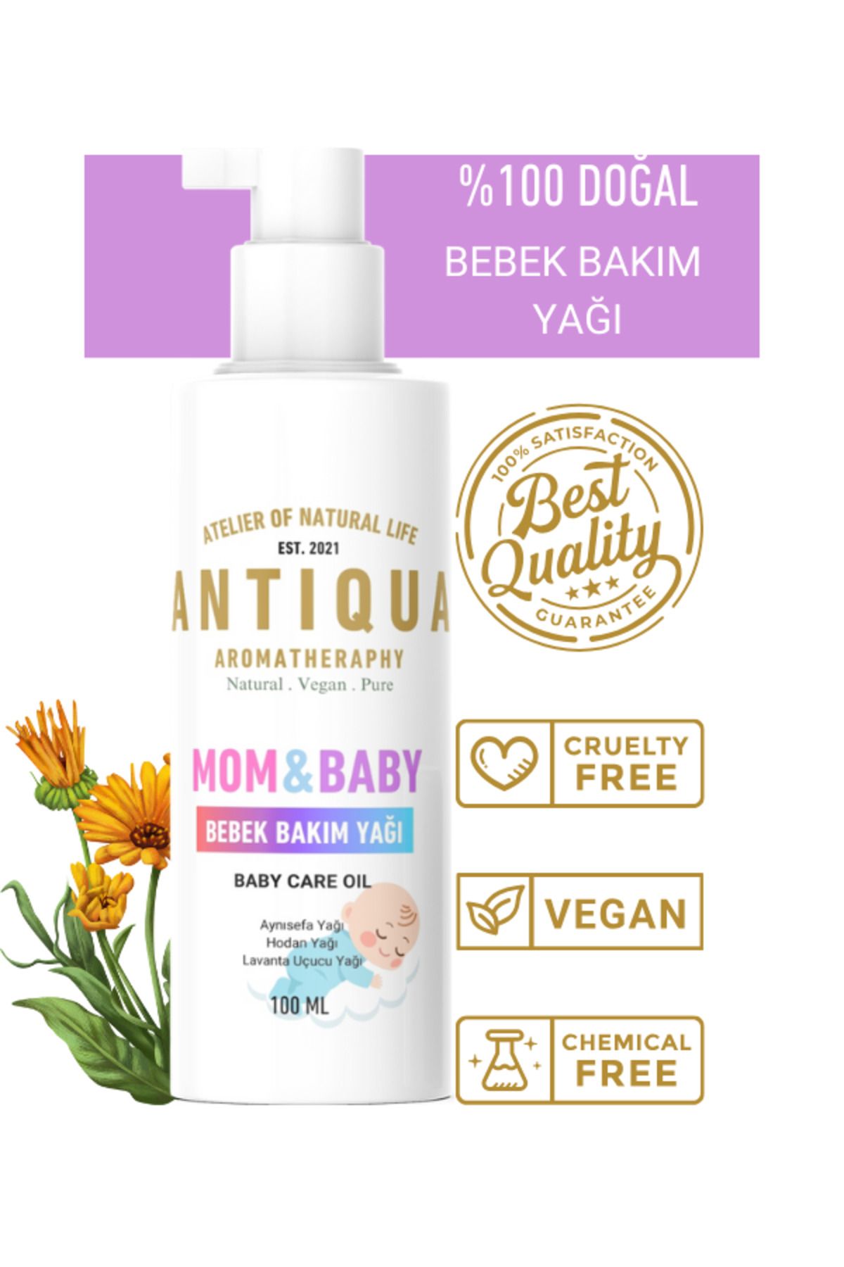 Antiqua Aromaterapi MOM&BABY %100 Doğal Bebek Bakım Yağı 100 ML (Vegan, Kolik Sancısı)