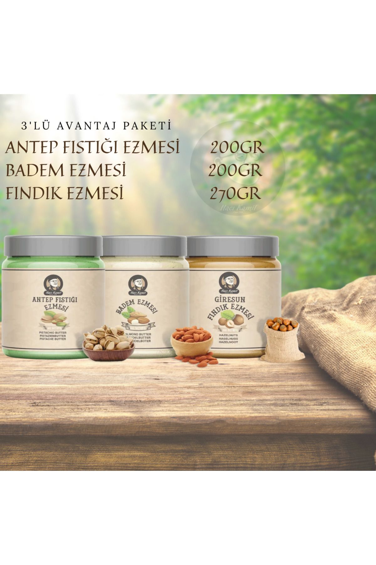 Haci Kamil 3LÜ EZME AVANTAJ PAKETİ-ANTEP FISTIĞI EZMESİ 200GR BADEM EZMESİ 200GR FINDIK EZMESİ 270GR