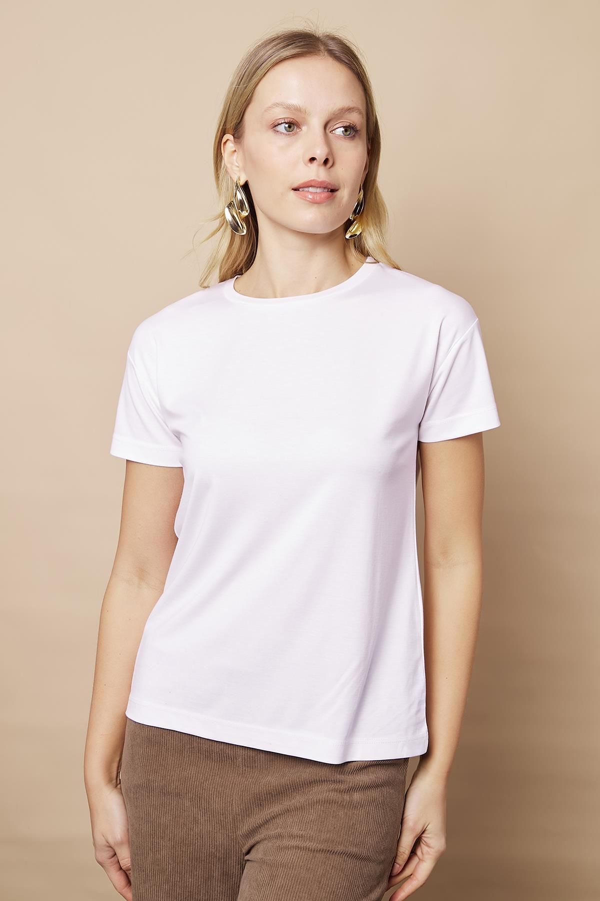 Jument-Women's Zero Neck Anti-Crease Span Blended Stylish Short Sleeve Lycra T-Shirt Blouse-White 5