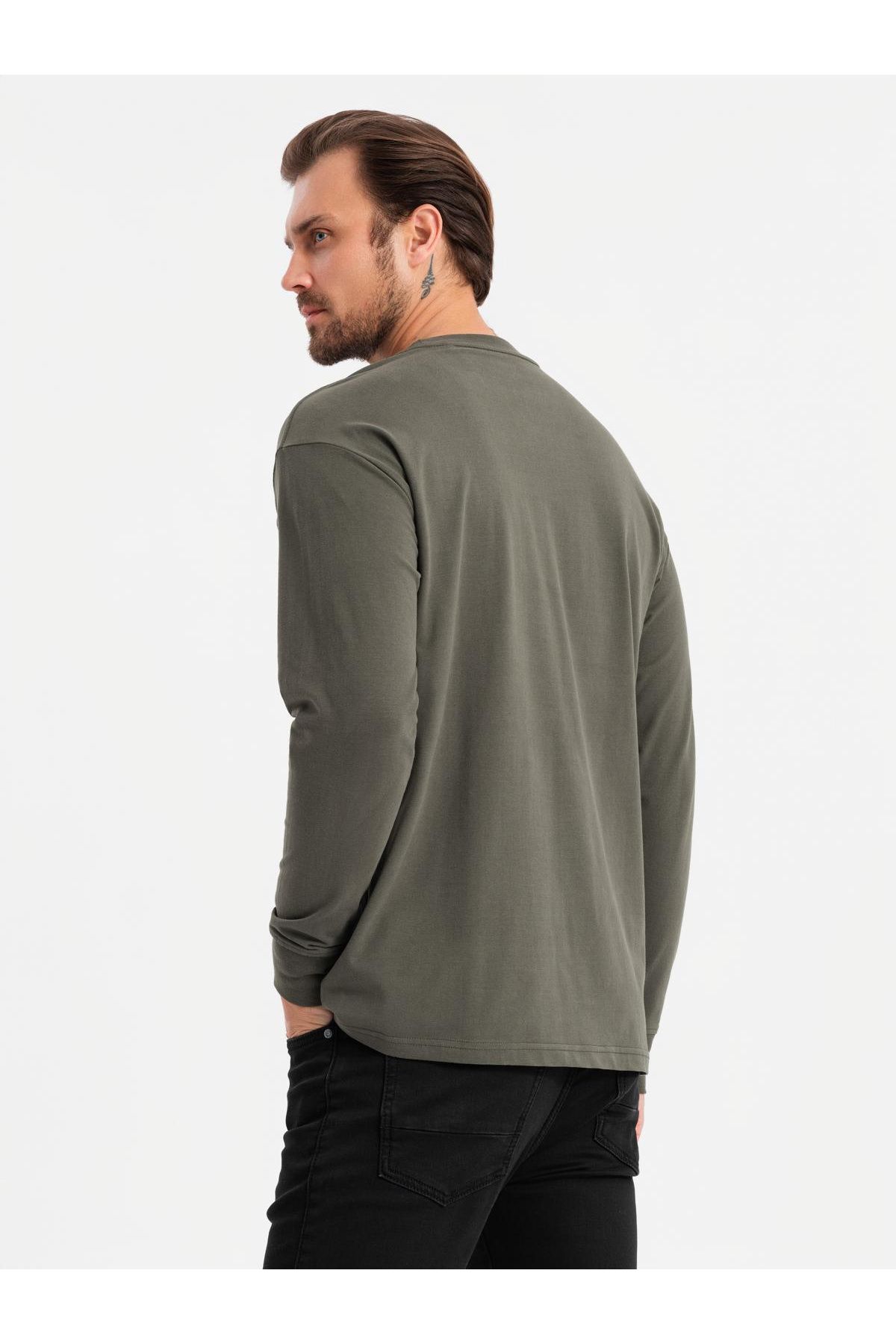 OMBRE-Tricou cu mânecă lungă LOOSE FIT pentru bărbați din bumbac cu decolteu rotund - gri-verde V3 OM-LSBC-0129 M 5