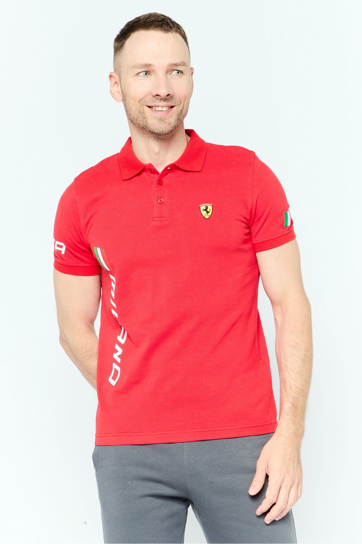 Scuderia Ferrari-Men Regular Fit Brand Logo Short Sleeves Polo Shirt, Red Combo 1