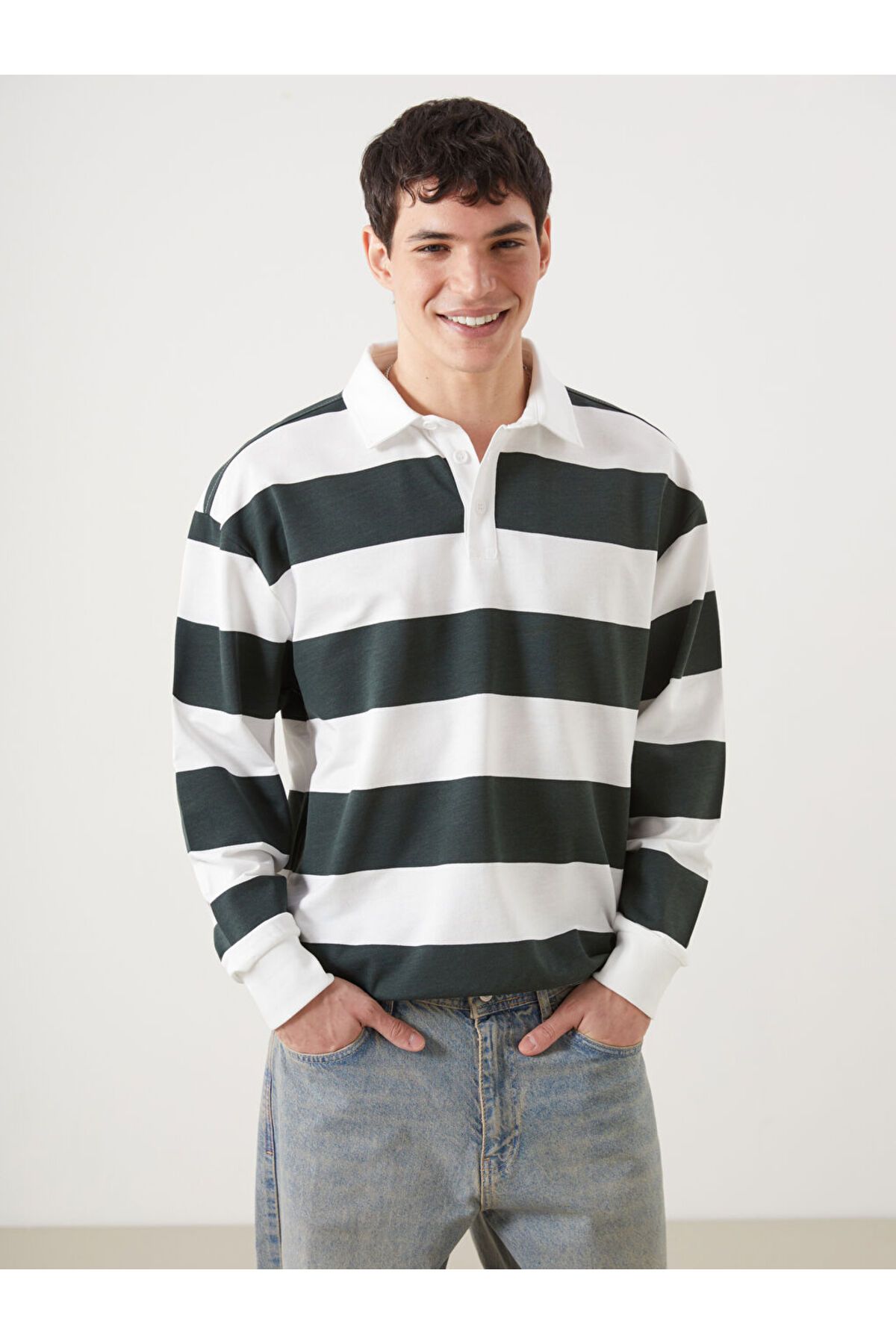 LC Waikiki Polo Yaka Uzun Kollu Çizgili Erkek Sweatshirt