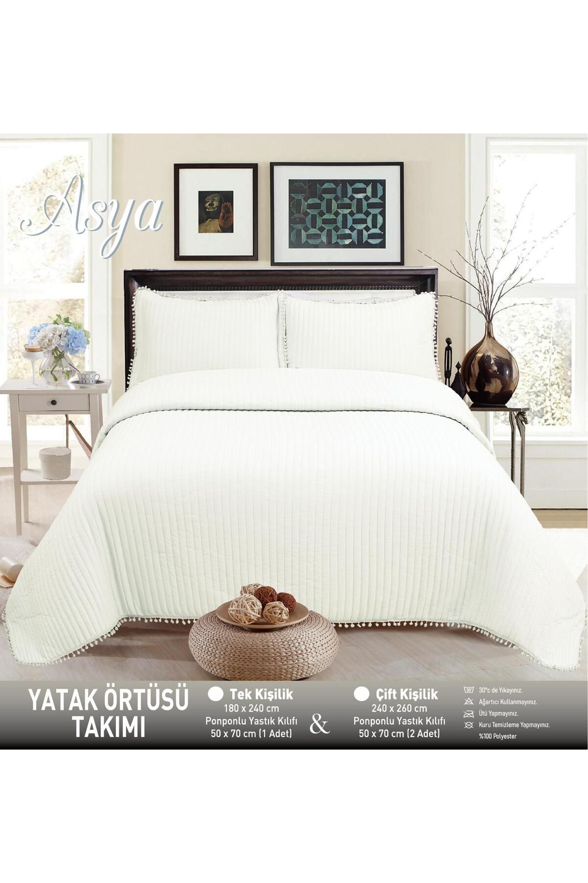 Özlü Home Asya Ponponlu - Elyaf Dolgulu Kırışmaya Dayanıklı Çift Kişilik 240x260 Yatak Örtüsü Krem