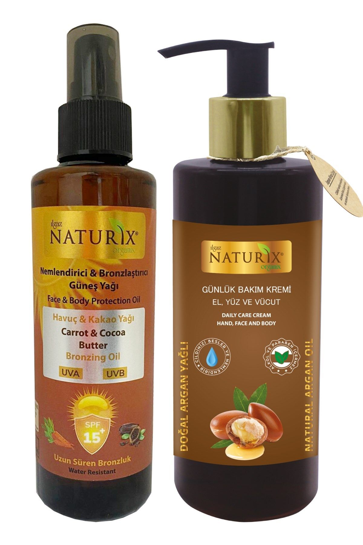 Naturix Kakao ve Havuç Yağı Spf 15 Yoğun Bronzlaştırıcı Yağ 200 Ml & Argan Yağlı El Yüz Vücut Losyonu 250 Ml