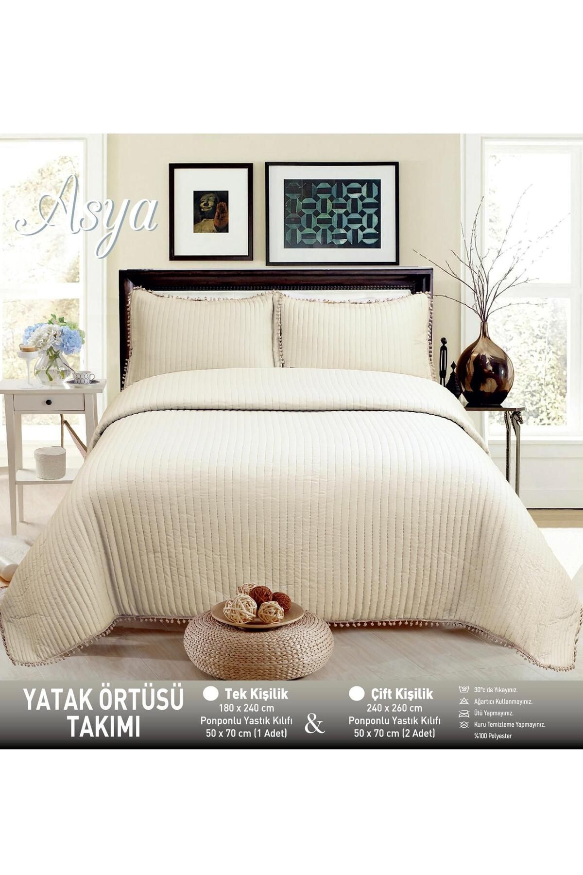 Özlü Home Asya Ponponlu -  Elyaf Dolgulu Kırışmaya Dayanıklı Tek Kişilik  180x240 Yatak Örtüsü.