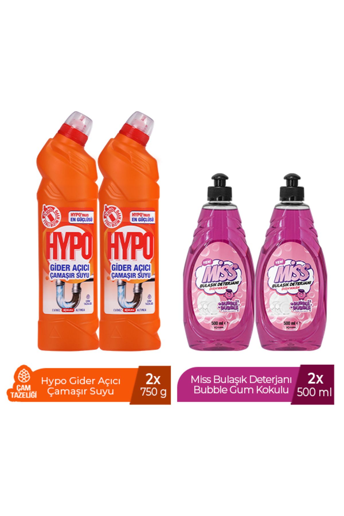 Hypo GİDER AÇICI ÇAMAŞIR SUYU ÇAM TAZELİĞİ 750 GR x 2 + MİSS BULAŞIK DETERJANI BUBBLE 500 ML X2