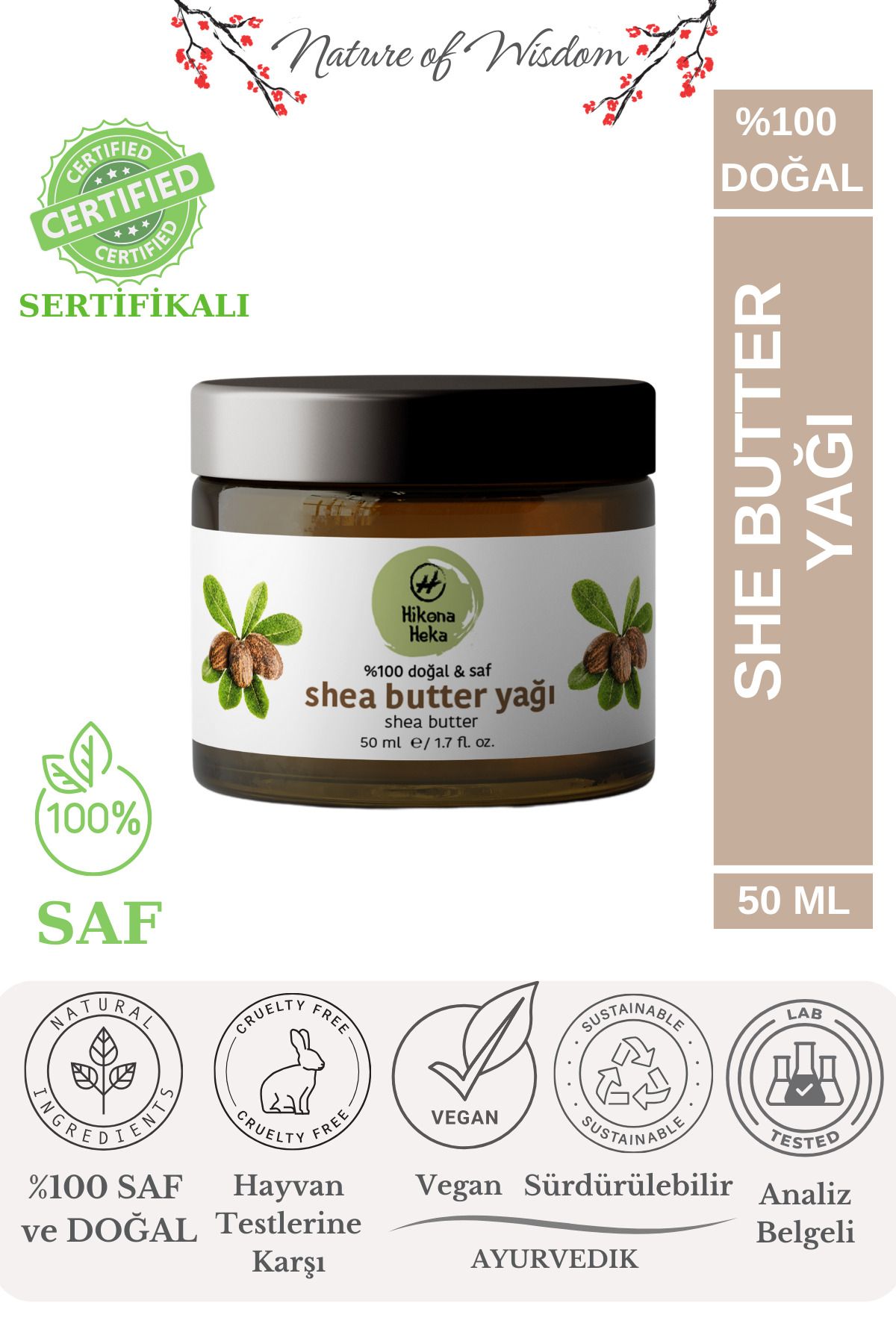 Hikona Heka Organik Katı Shea Butter Yağı Soğuk Sıkım %100 Saf Ve Doğal Vegan Kavanoz 50 Ml