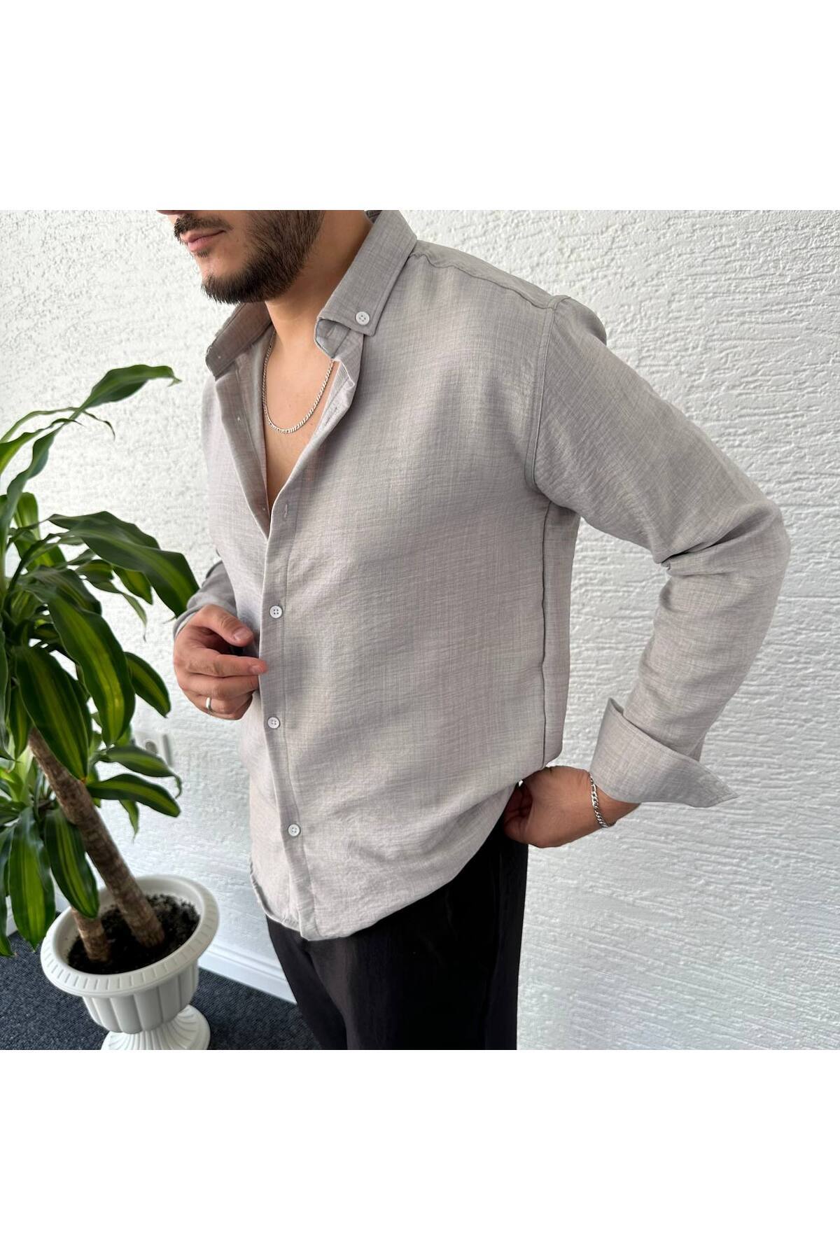tetramoda Gri Krinkıl Keten Gömlek görsel 3