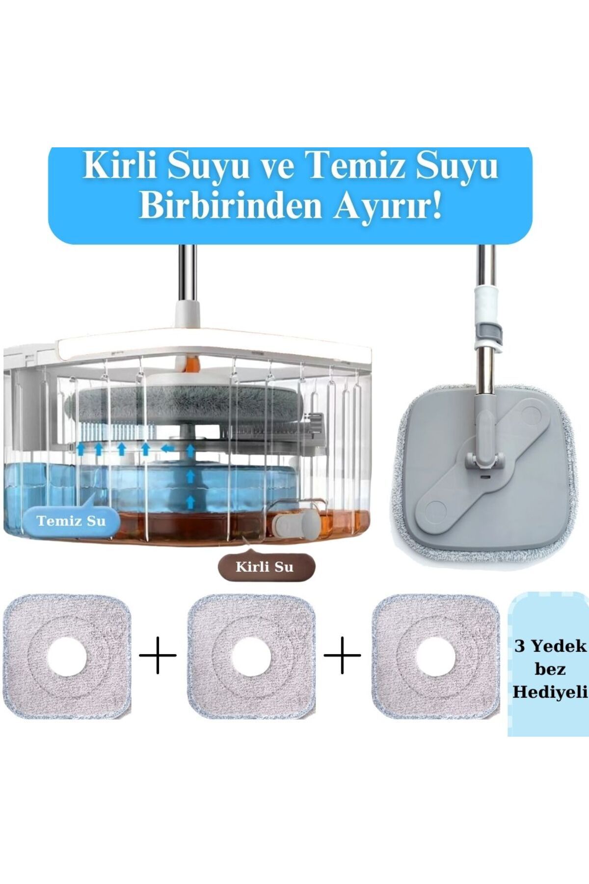 Yui Moplamax Otomatik Temizlik Mop Seti – Temiz ve Kirli Suyu Ayrı Tutma Teknolojisi + 3 Adet Yedek Mop