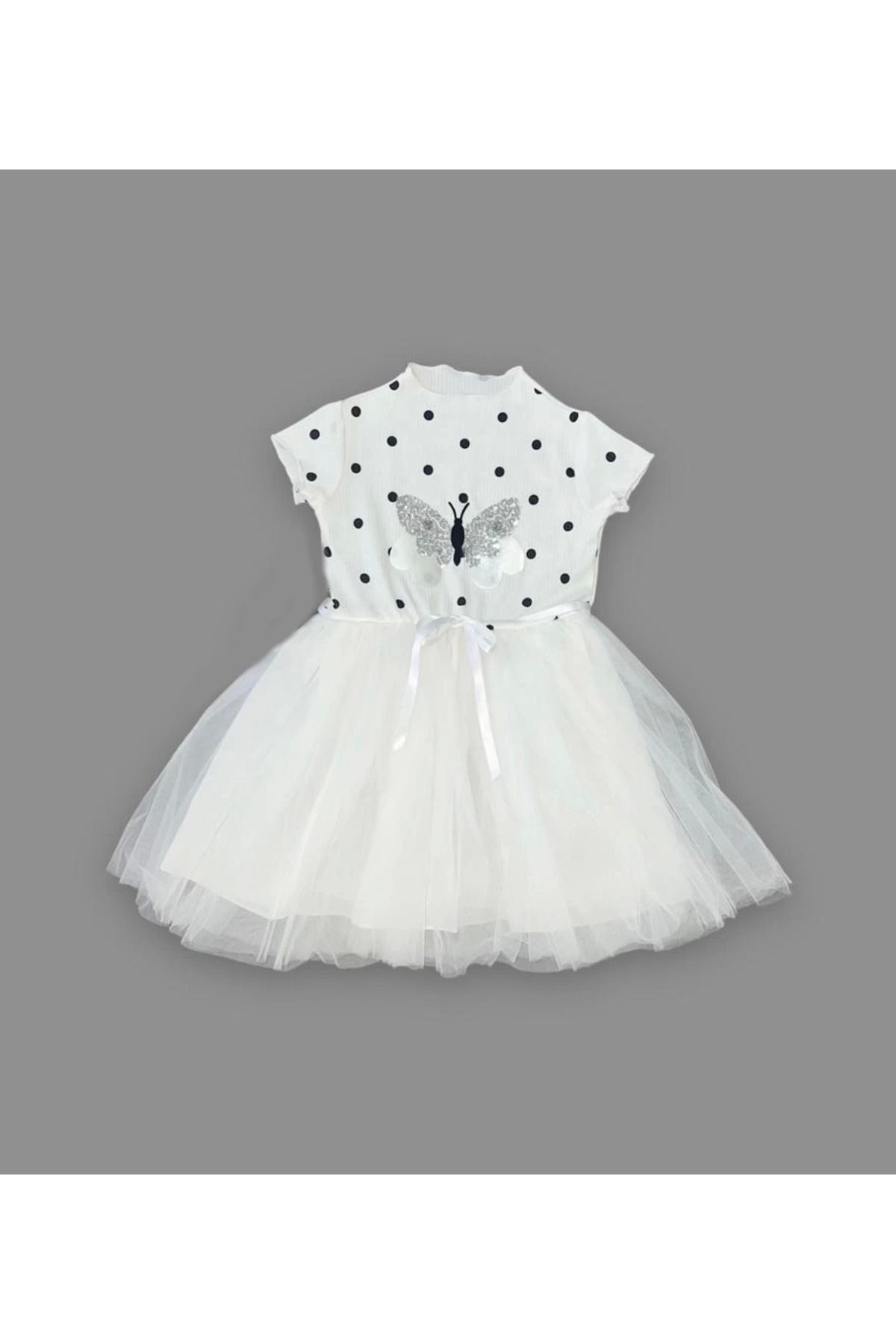 velmorafashion 5-6-7 Yaş Payetli Kelebek Desenli Puantiyeli Kız Çocuk Elbisesi Beyaz