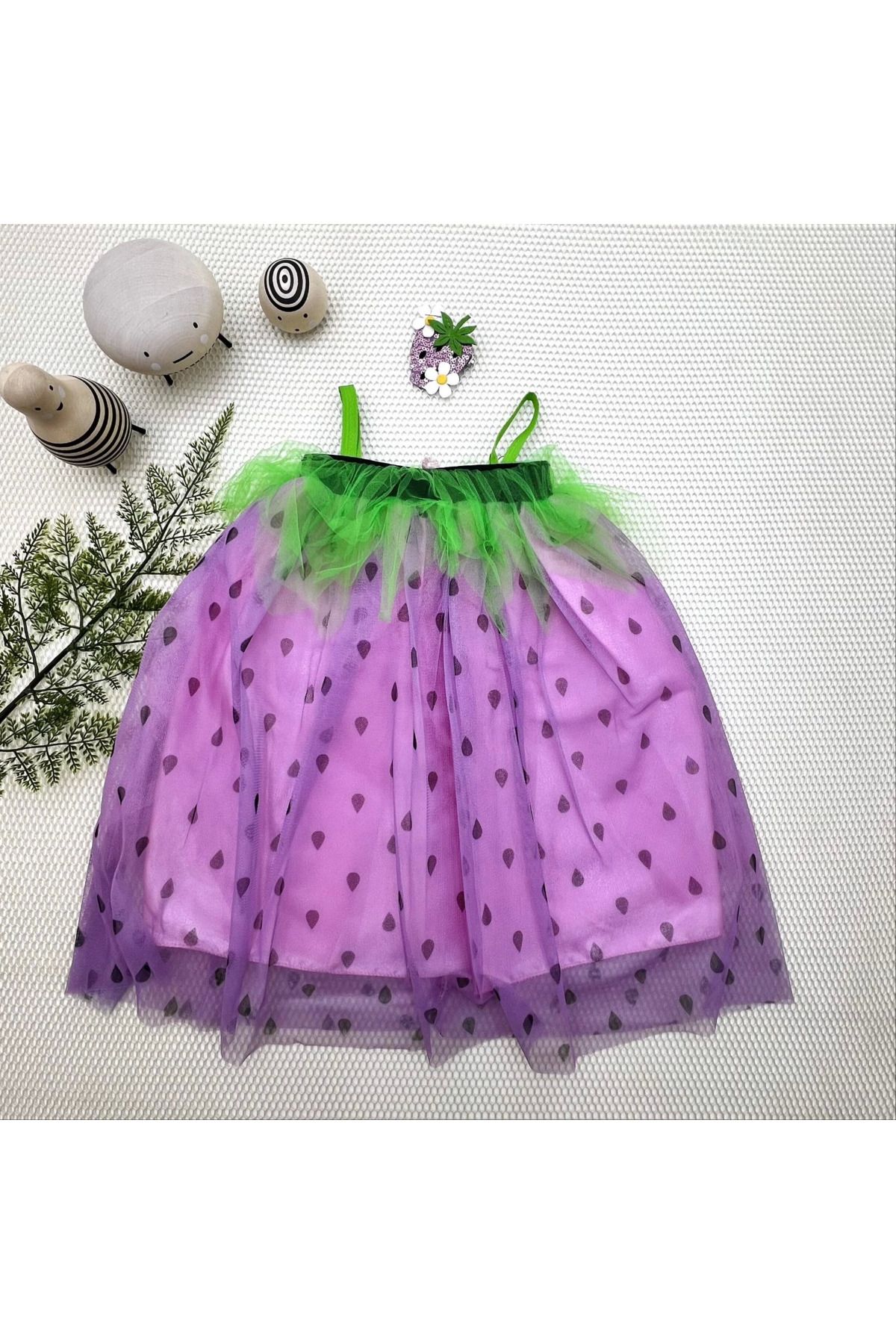 velmorafashion 2-3-4 Yaş Askılı Çilek Kostüm Kız Çocuk Elbise Mor