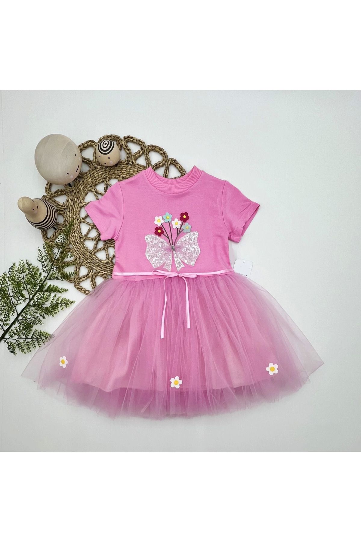 velmorafashion 1-2-3 Yaş Tül Fiyonk Çiçekler Nakışlı Astarlı Kız Bebek Tütü Elbisesi Pembe