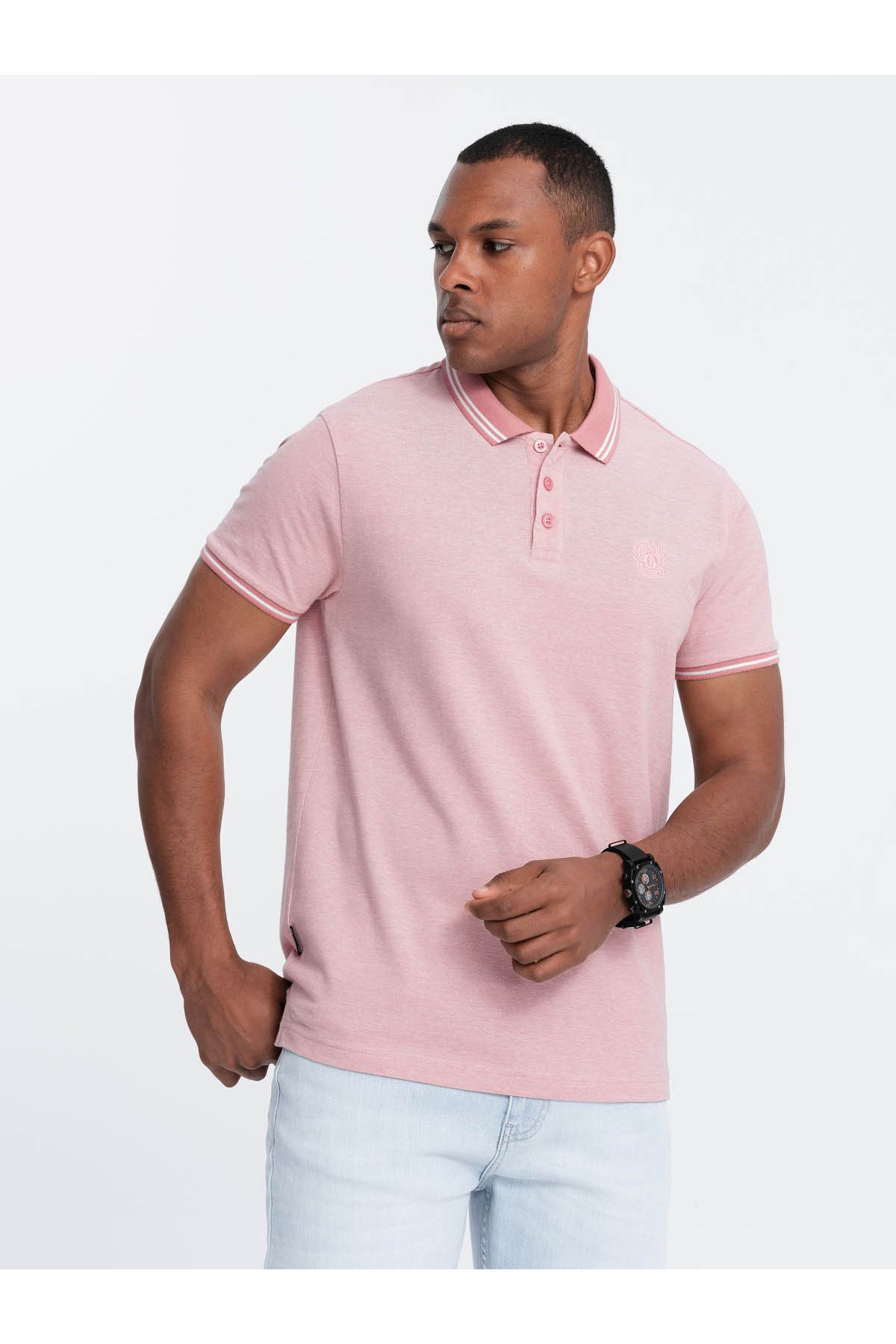 OMBRE-Melange men's polo shirt with striped collar - pink V2 OM-POSS-0109 M 3