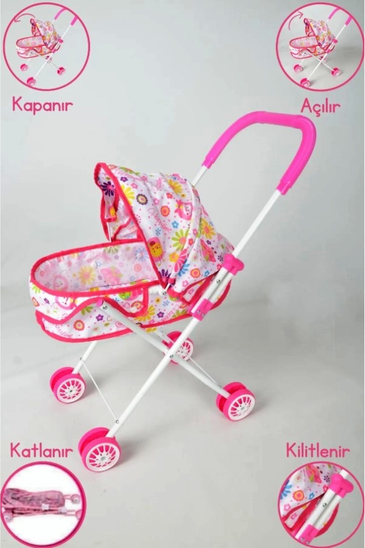 Retoys Oyuncak Beşikli Tenteli Metal Puset Katlanabilir Çiçek Desenli Bebek Arabası fotoğrafı 3 (önizleme)