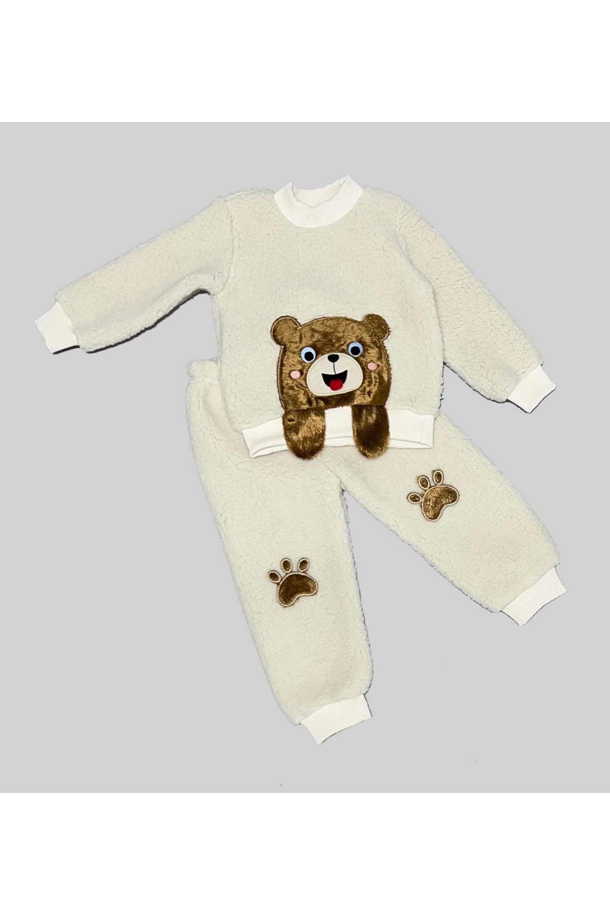velmorafashion 1-2-3 Yaş Sallanan El Ayıcıklı Kuzu Kumaş Sweat Patili Pantolon Uzun Kollu Kız Erkek 2 Li Takımı Bej