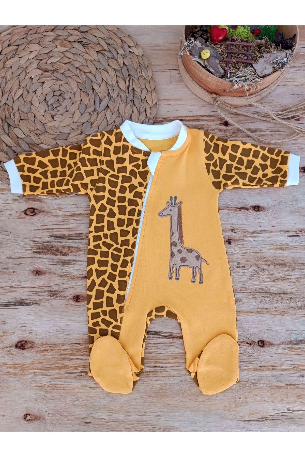 velmorafashion 0-3 3-6 Ay Boy Fermuar Zürafa Nakışlı Kız Erkek Bebek Tulum Sarı