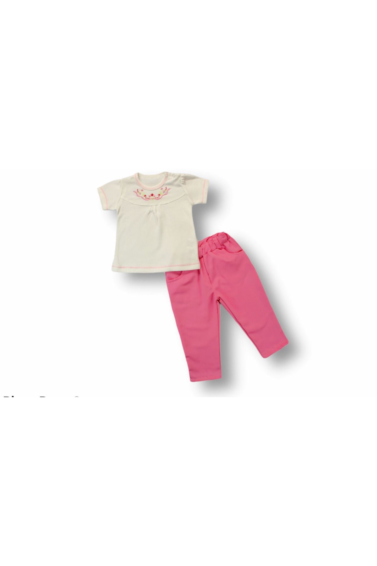 Fashi10 3-6 6-9 9-12 12-18 Ay Anadolu Çiçeği Nakışlı Kısa Kollu Sweatli 2li Kız Bebek Takımı Pembe