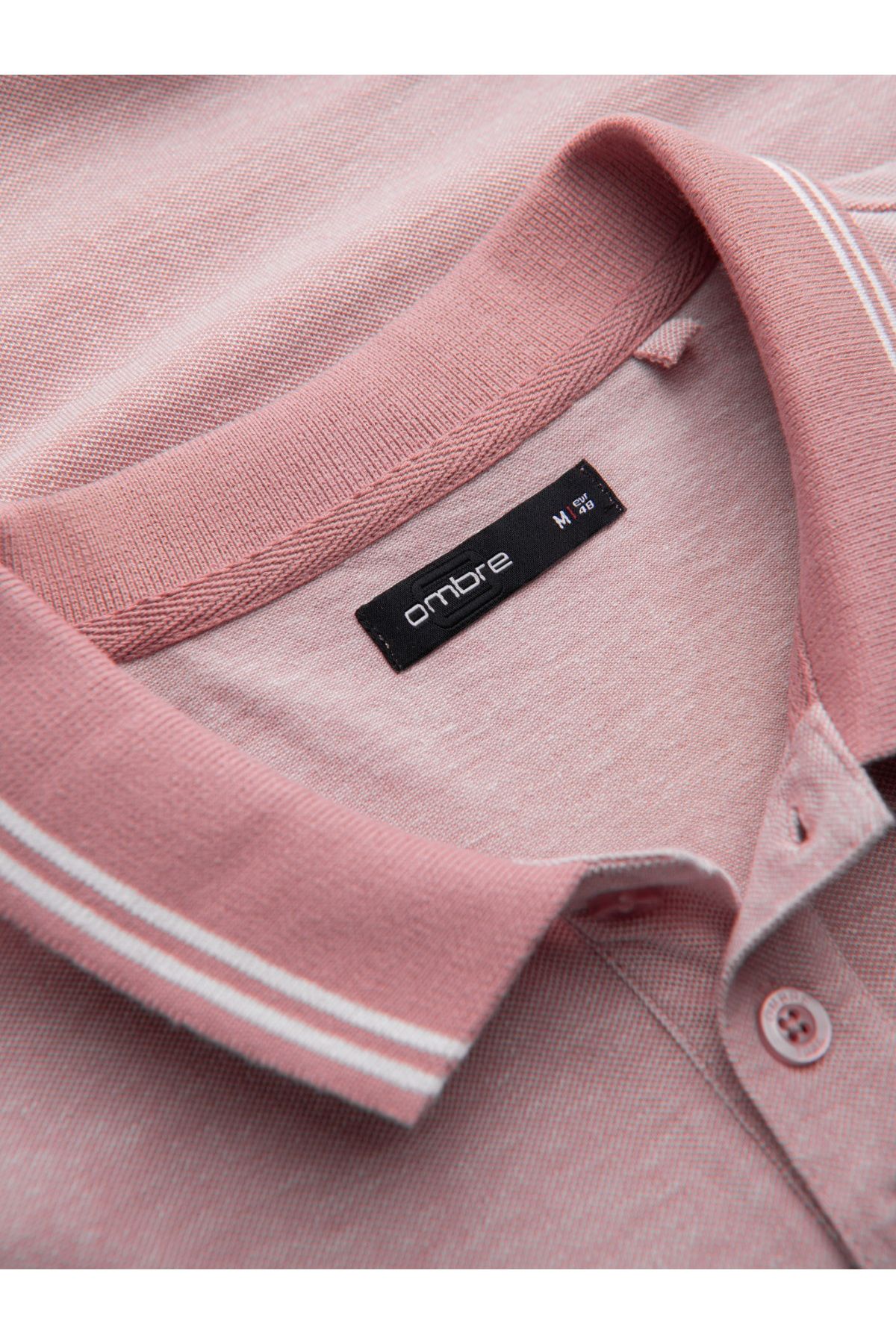 OMBRE-Melange men's polo shirt with striped collar - pink V2 OM-POSS-0109 M 5