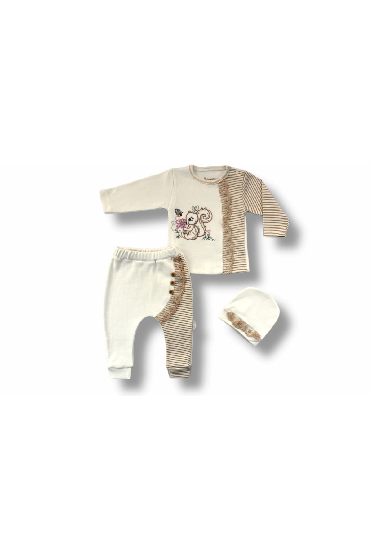 Fashi10 3-6 6-9 9-12 Ay Minik Sincap Nakışlı Şapkalı Uzun Kollu Sweatli 3lü Kız Bebek Takımı Kahverengi