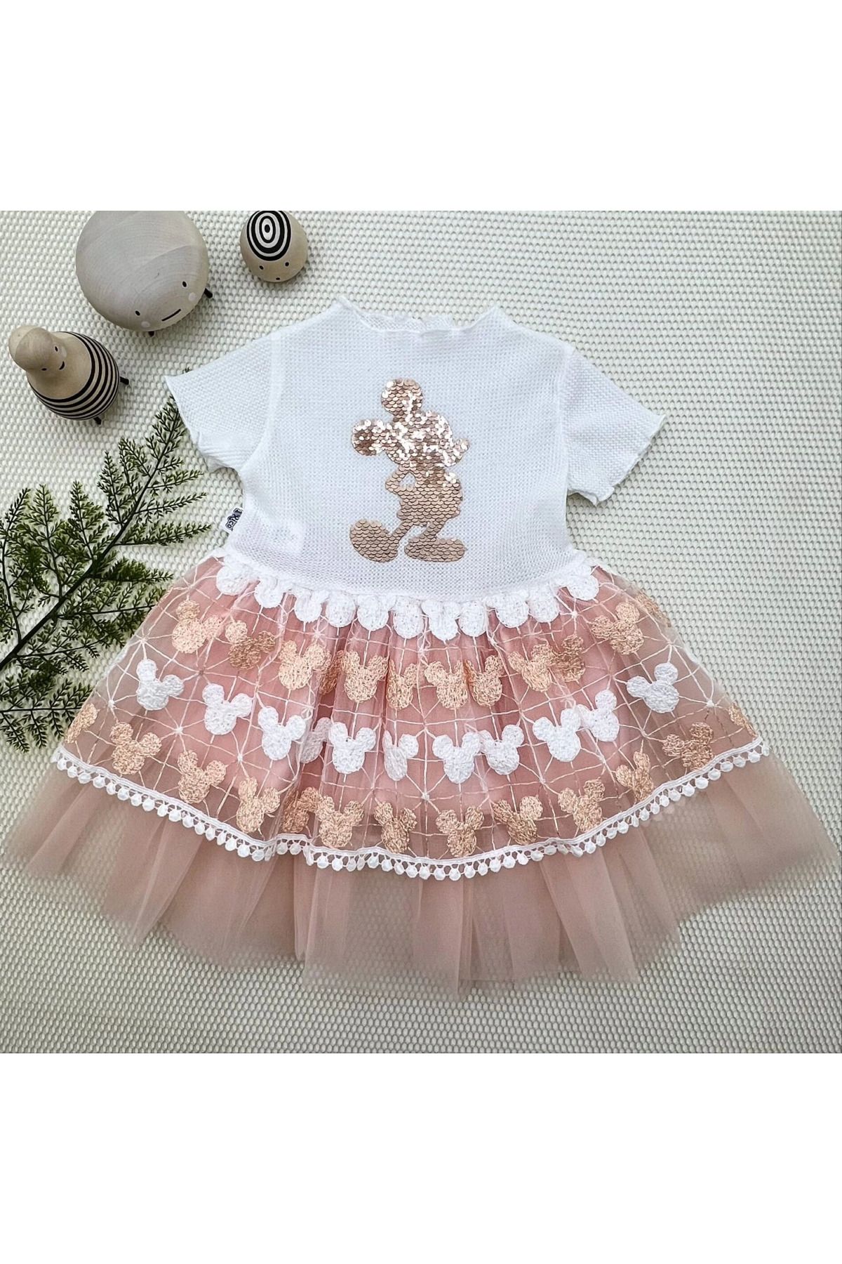 velmorafashion 1-2-3 Yaş Payetli Mickey Baskılı Brode Etekli Kız Bebek Elbisesi Pudra