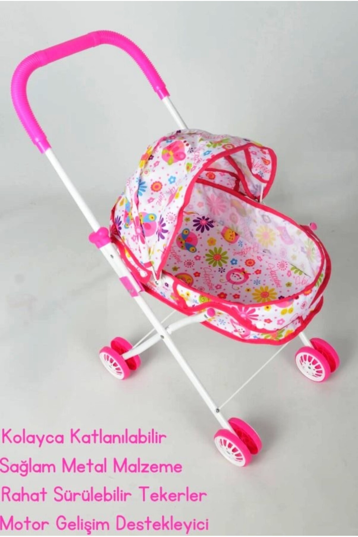 Retoys Oyuncak Beşikli Tenteli Metal Puset Katlanabilir Çiçek Desenli Bebek Arabası fotoğrafı 4 (önizleme)