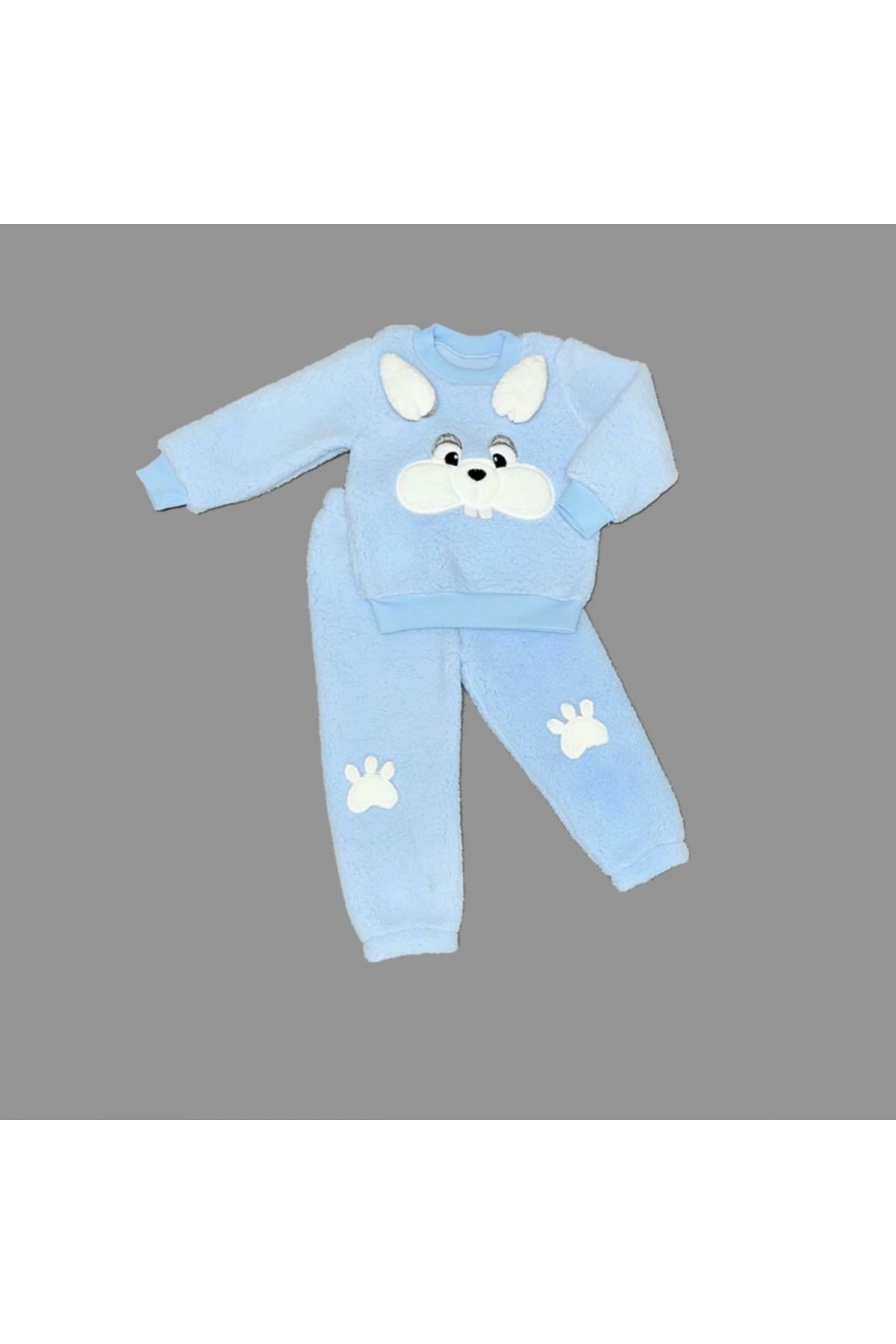 Fashi10 1-2-3 Yaş Kulaklı Tavşan Figürlü Kuzu Kumaş Sweat Pantolon Uzun Kollu Kız Erkek 2 Li Takımı Mavi