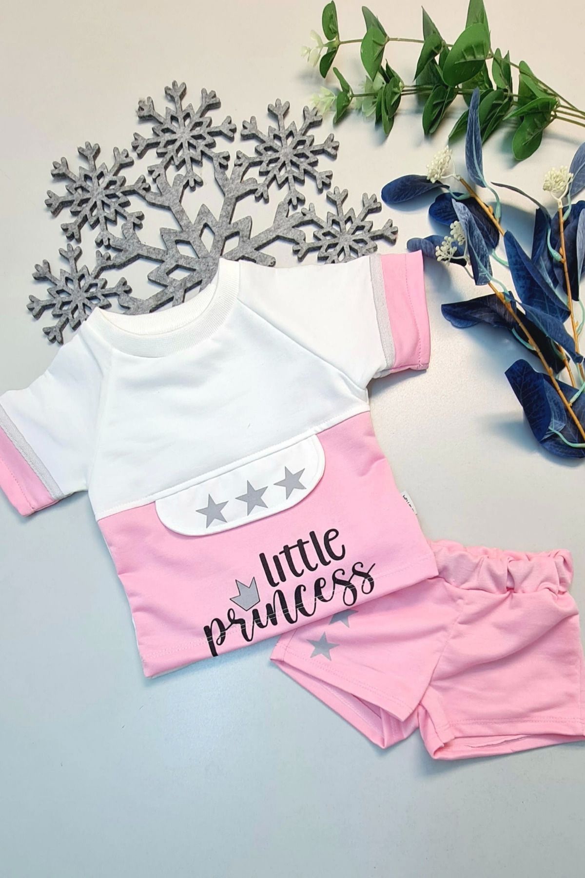 Fashi10 Yazlık Mini Şort Kısa Kol Kız Bebek Takım Little Princess Pembe